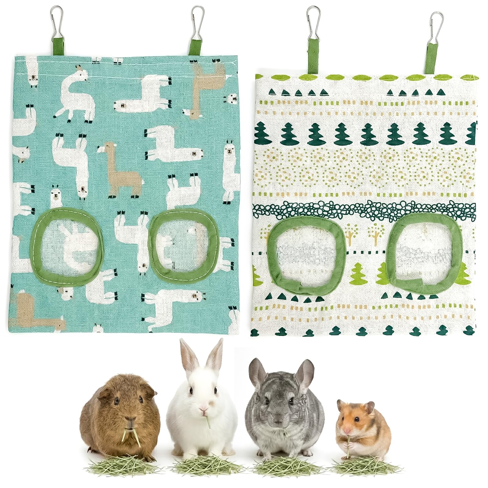 DAQUN 2 Pcs Rabbits Hay Bag Set, Hanging Hay Feeder with 2 Windows, 23x26 cm Storage Bags for Guinea Pig and Small Animals