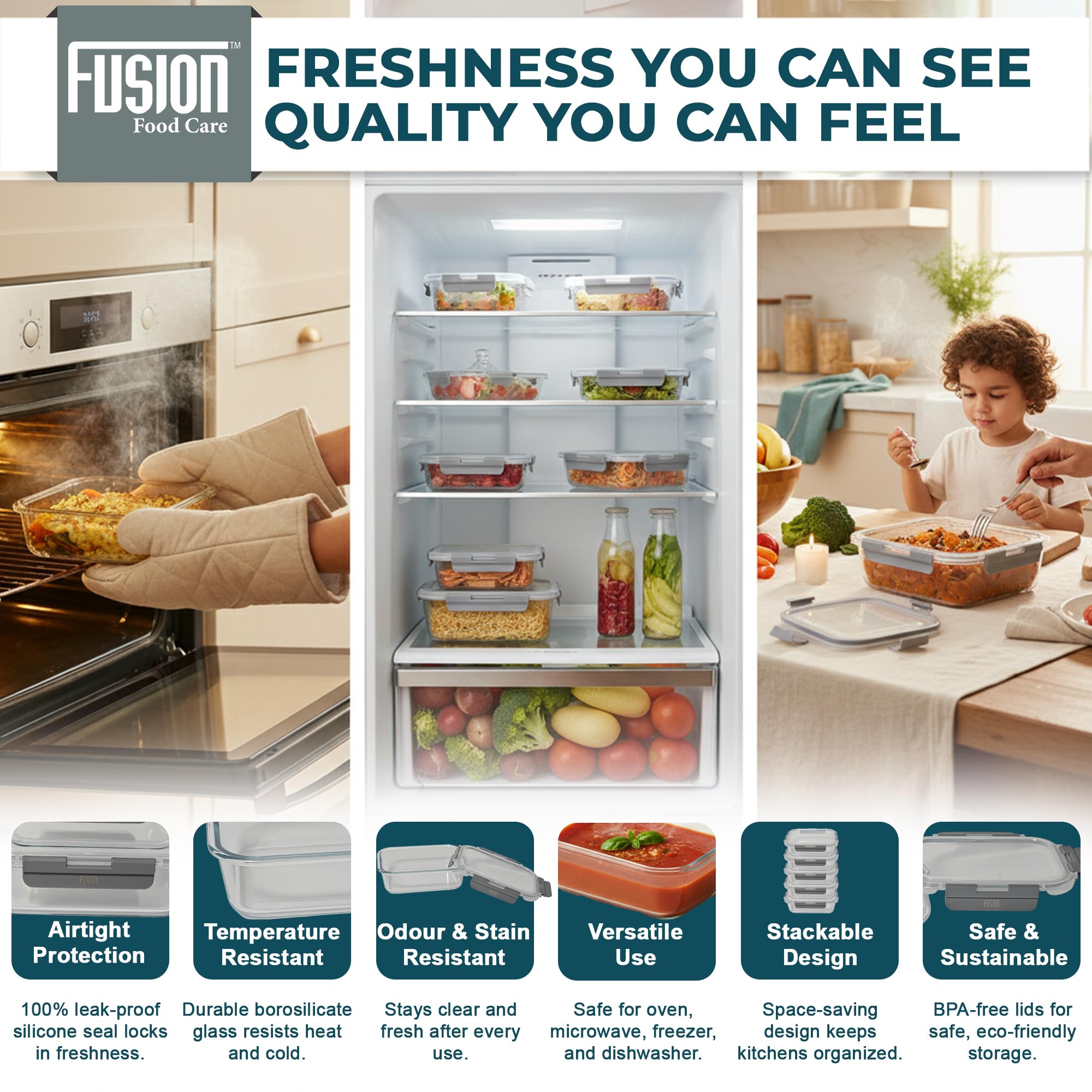 Fusion - Contenitori per alimenti con coperchi ermetici, confezione da 5, 1040 ml, in vetro, adatti per forno, microonde, congelatore e lavastoviglie, senza BPA, resistenti alle perdite