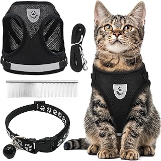 CUEMOON Katzengeschirr mit Leine Softgeschirr für Katze, Katzenleine mit Geschirr für Katzen Verstellbar Katzen Geschirr Set Cat Harness Softgeschirr für Katze (Schwarz, M) product image