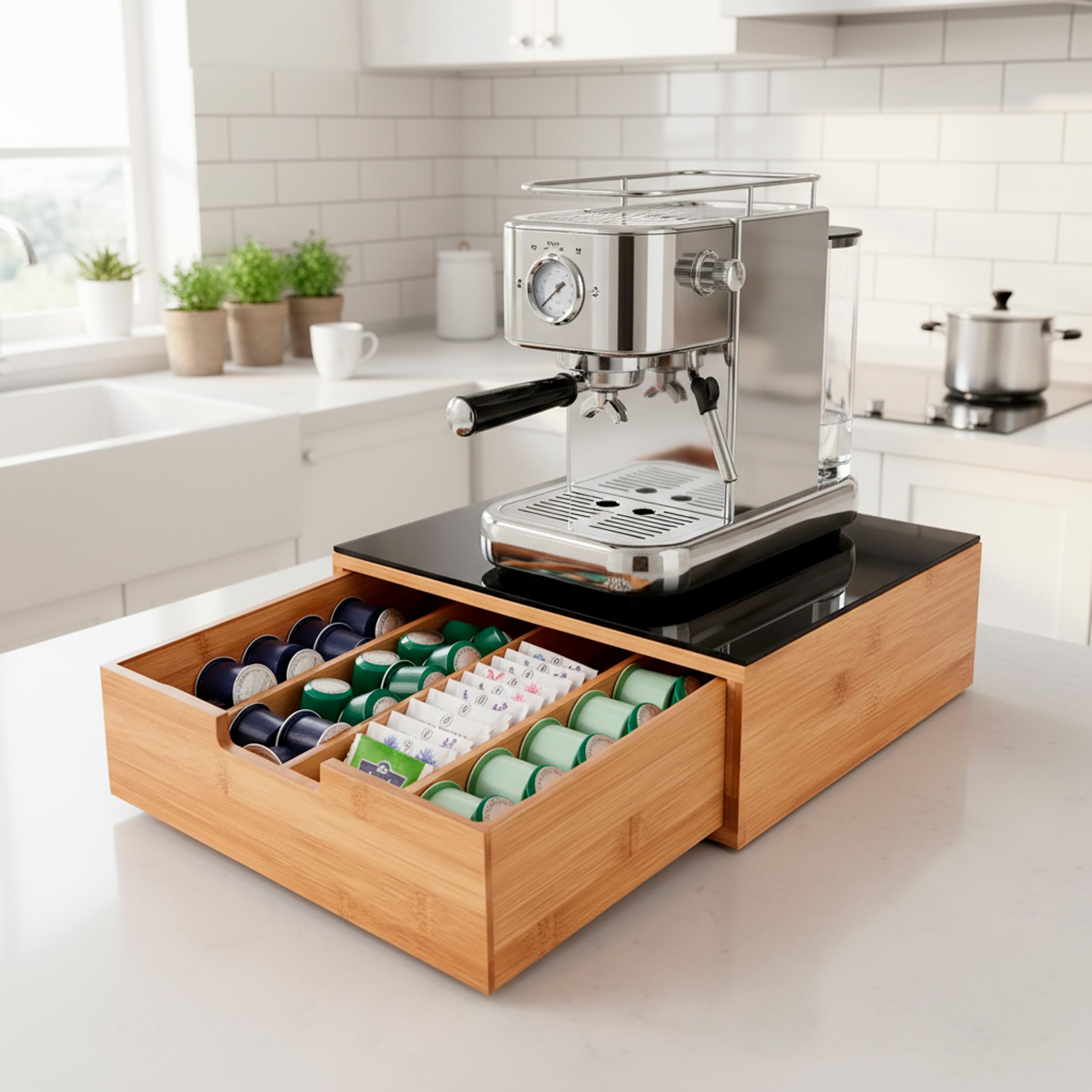 BRICOZONE Cassetto Porta Cialde in Bambù Con Ripiano in Vetro Organizer Per Capsule Caffè Con 4 Scomparti Salvaspazio Elegante Per Angolo Caffè