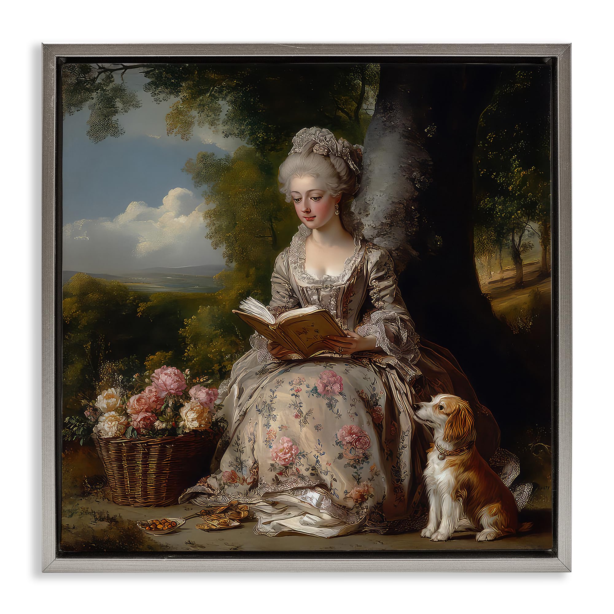 'Rococo Lady with Dog'| Floating Frame Canvas Art