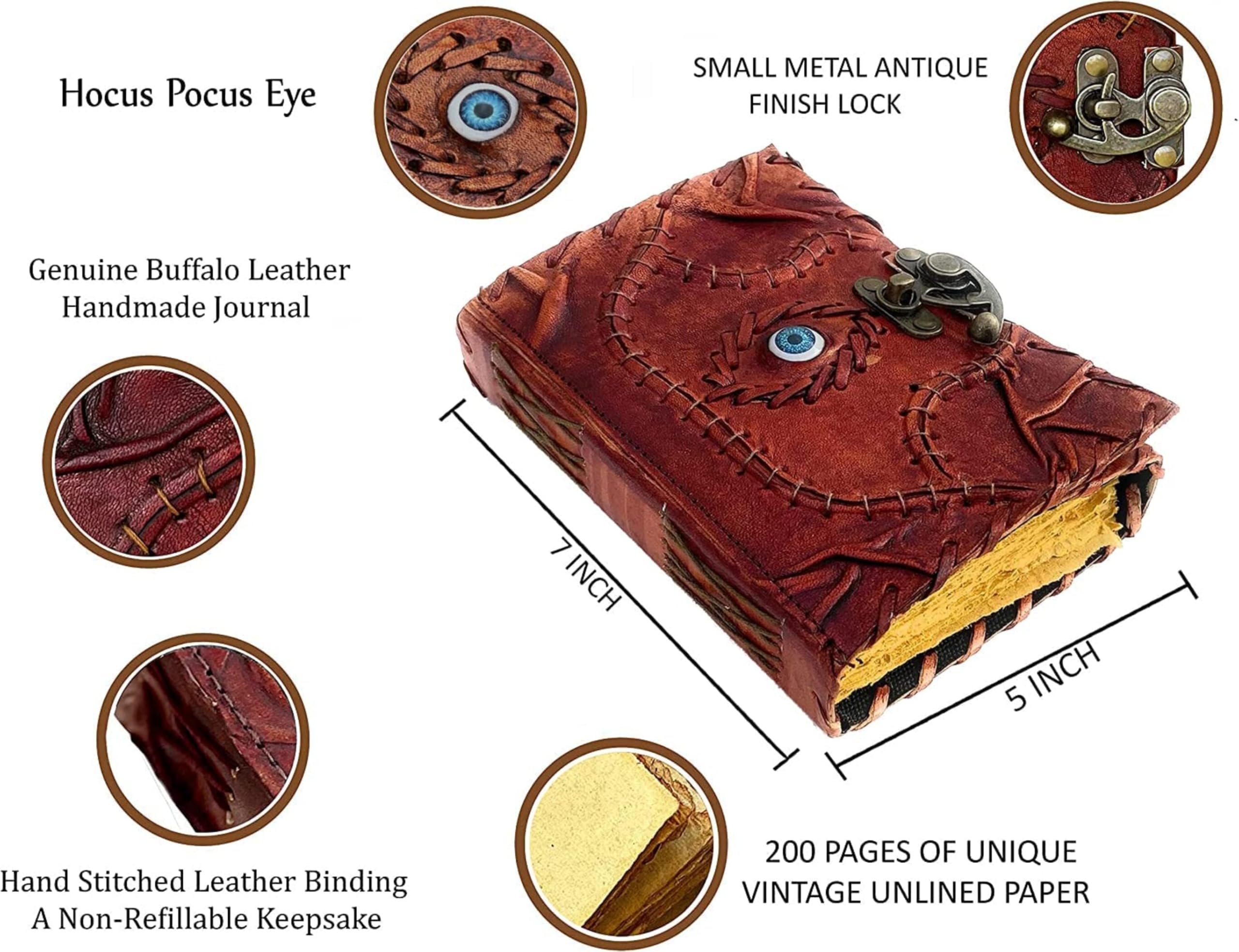Hocus Pocus Księga Zaklęć Skórzany Dziennik Krawędź Papier Grimoire Journal Trzecie Oko Vintage Skórzany Dziennik Księga Cieni Dziennik Antyczny Zaklęcie Książka Wiedźmy Dziennik Zamek Zapięcie Notatnik 18 x 12 cm