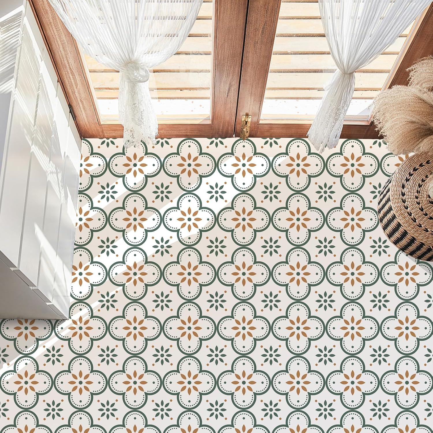Peel & Stick azulejos de piso Piso de vinilo autoadhesivo para cocina Baño Lavandería Casa de mascotas Chimenea 20 hojas 8 "x8" pegatinas de piso extraíbles Decoración del hogar (Flores verdes)