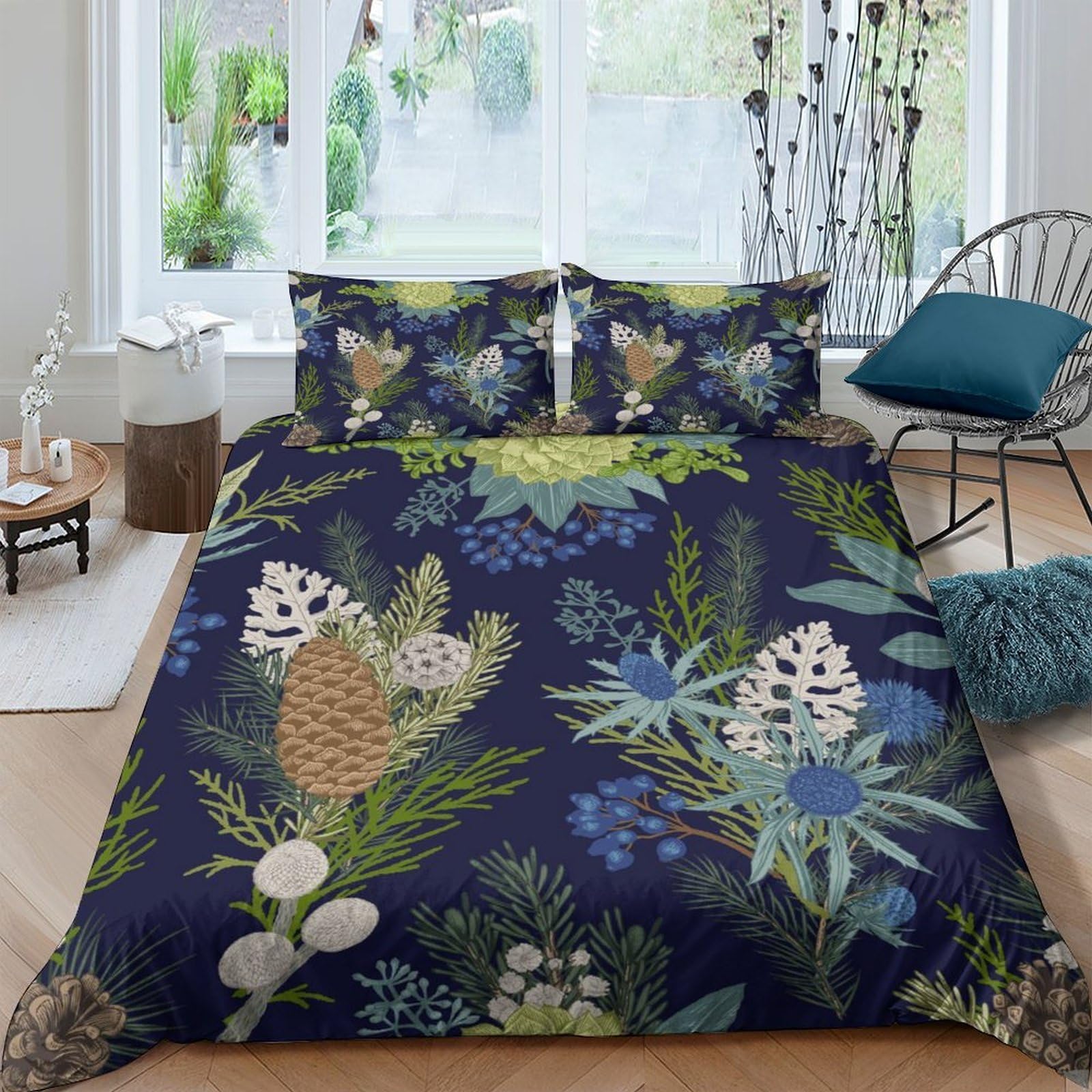 Ctjqhvkz Style-2 3D Printed Pinecone Forest Fitted Sheet Microfiber Soft Botanical Mattress Cover Navy Blue For Bedroom Guest Room Single（135X200cm）