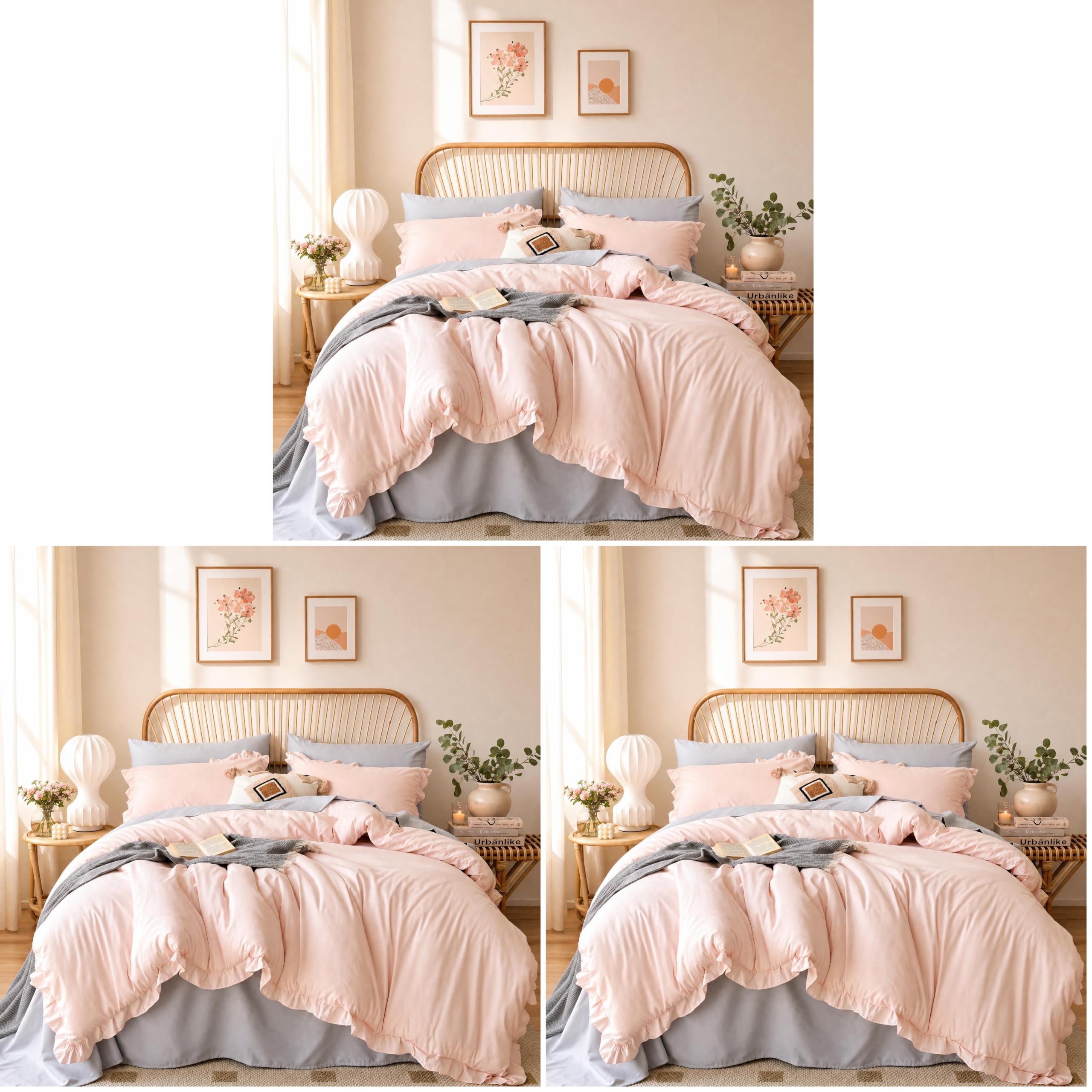 JANZAA Blush Pink Comforter Set Queen – Soft Microfiber, Lightweight All Season Bedding, Ruffle Shabby Chic Aesthetic, Breathable Cozy Bed Set with 2 Pillow Shams, Machine Washable (Pack of 3)