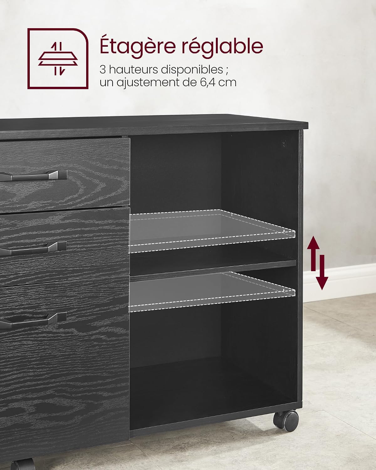 Diagram showing the five 360-degree swivel casters, including two with locking mechanisms, on the printer cabinet