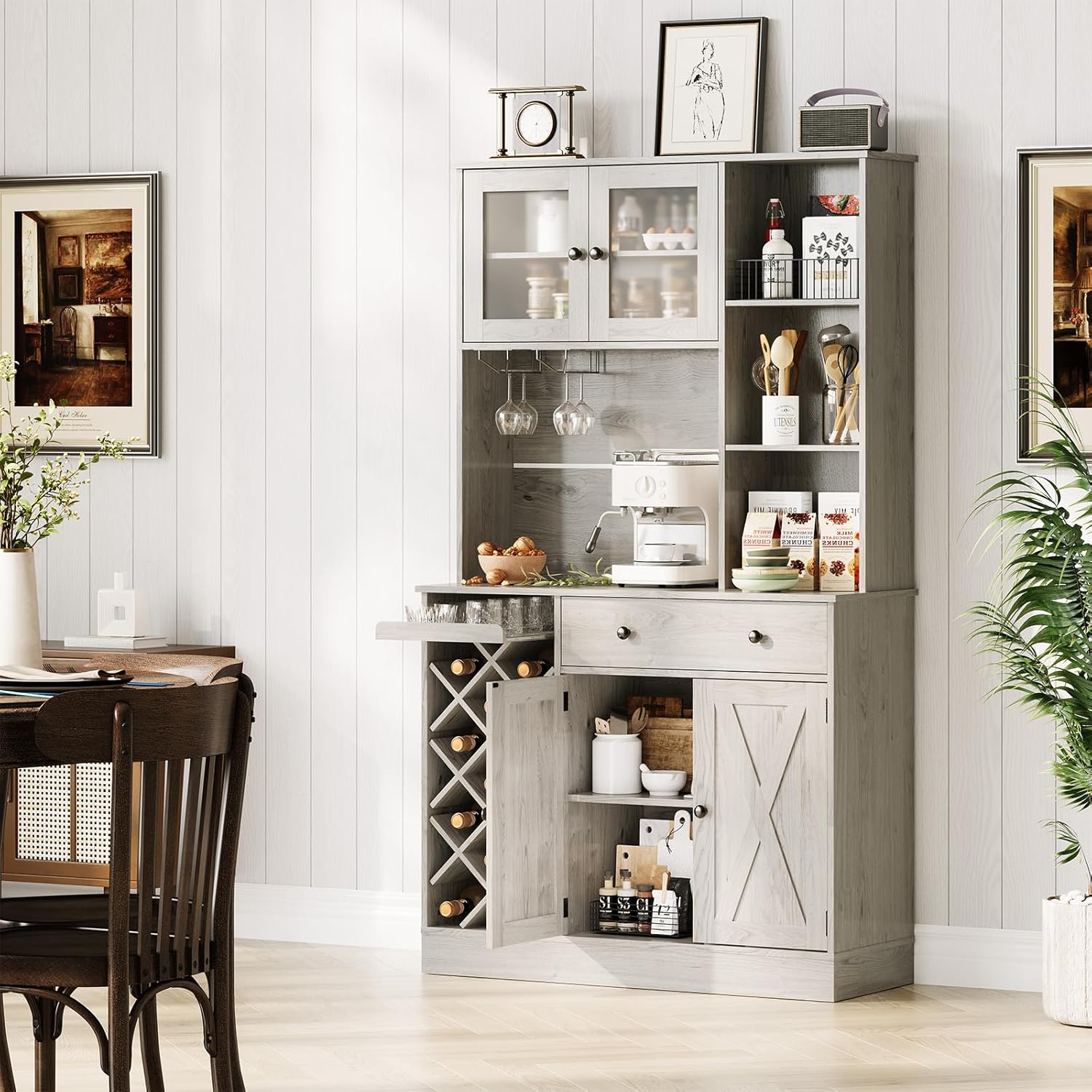 GAOMON Coffee Bar Cabinet with Power Outlet & Exquisite Barn Doors, Sideboard Buffet Cabinet with Wine Bottle Rack, Storage Cabinet for Kitchen, Dining Room