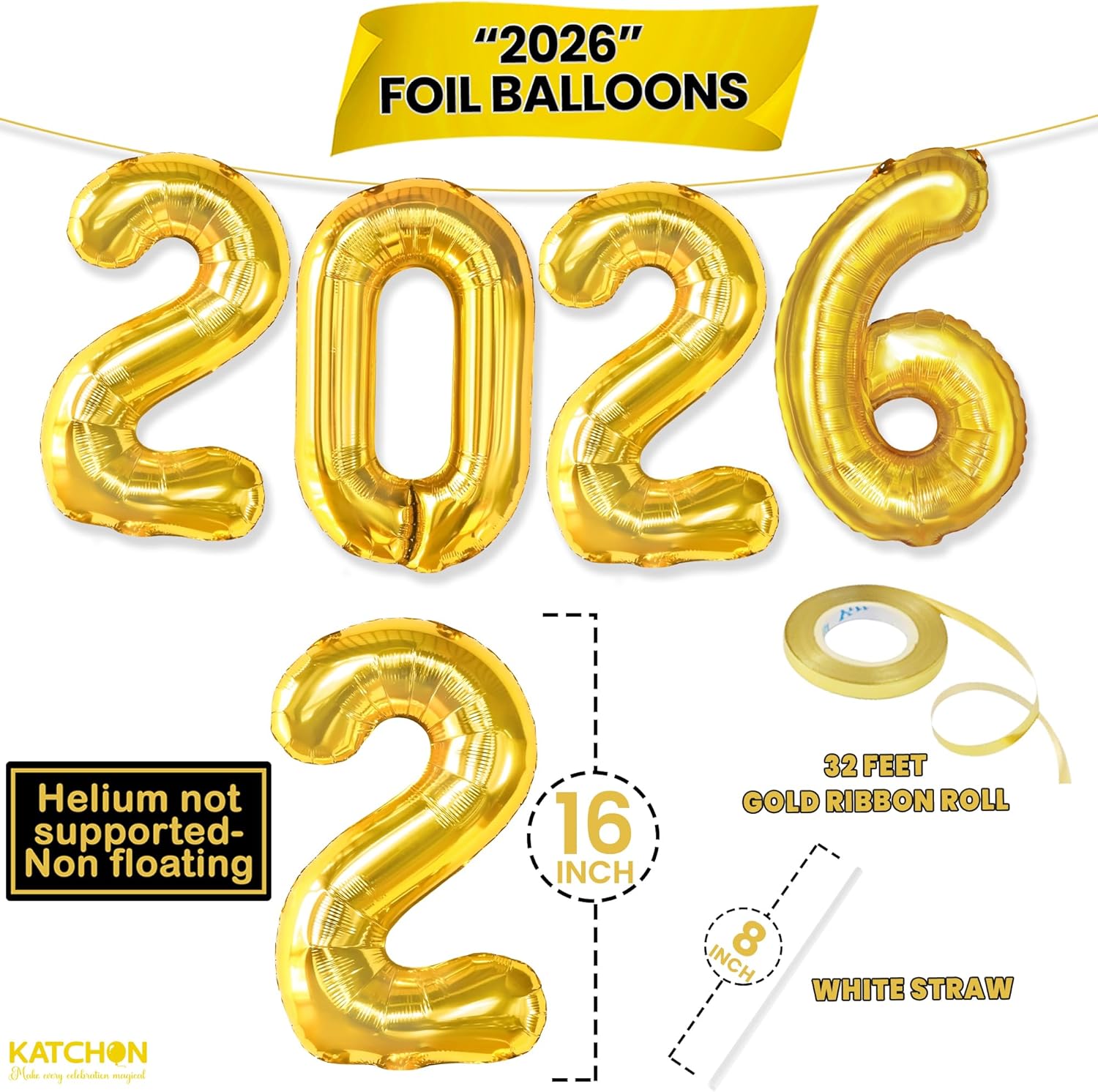 KatchOn, Gold 2026 Balloons for Graduation Decor - 16 Inch | 2026 Balloon Numbers for 2026 Graduation Decorations | 2026 Gold Balloon | Graduation Decorations Balloons | Graduation Party Decorations