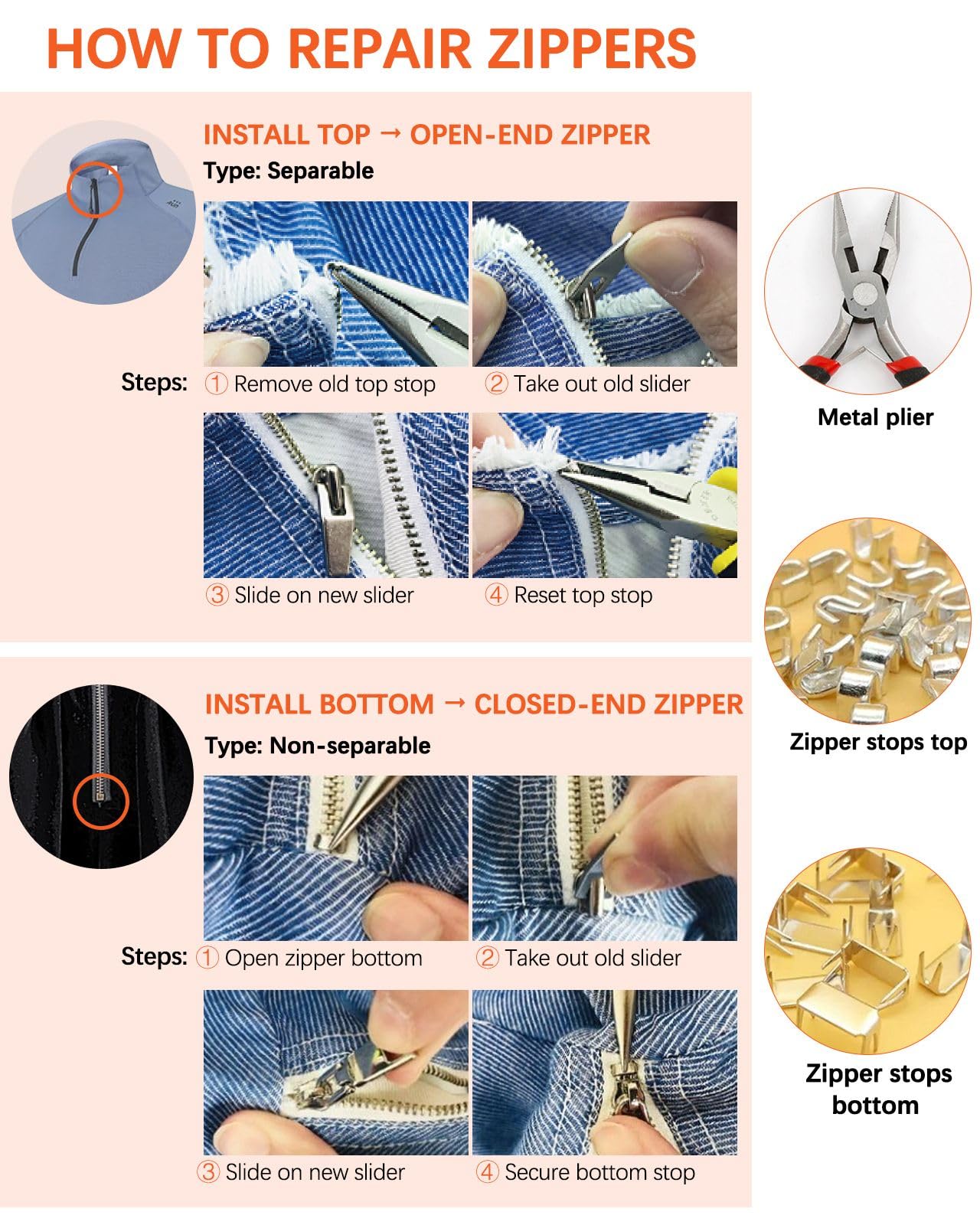 VICHERIA Kit de reparación de cremallera (200 piezas), tirador de cremallera de repuesto de calidad, kit de reparación de cremallera para bolsos, equipaje, abrigos, botas, saco de dormir, cremalleras
