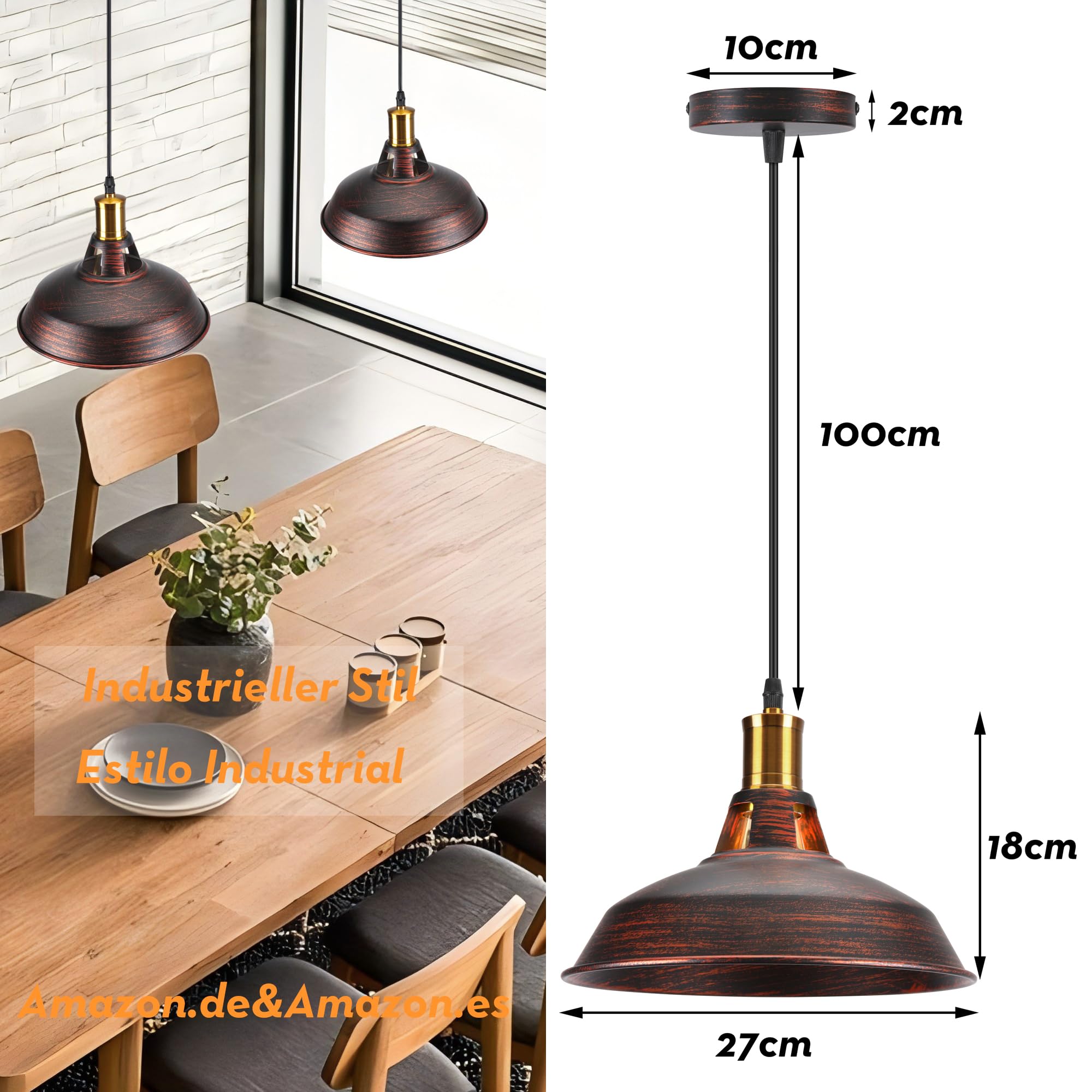 Retro Pendelleuchte, Ø27cm Hängelampe Vintage Industrial Style Metall Deckenleuchte E27 Fassung Hängeleuchte für Esszimmer Küche Restaurant (Rost Kupfer, 1 Stück)