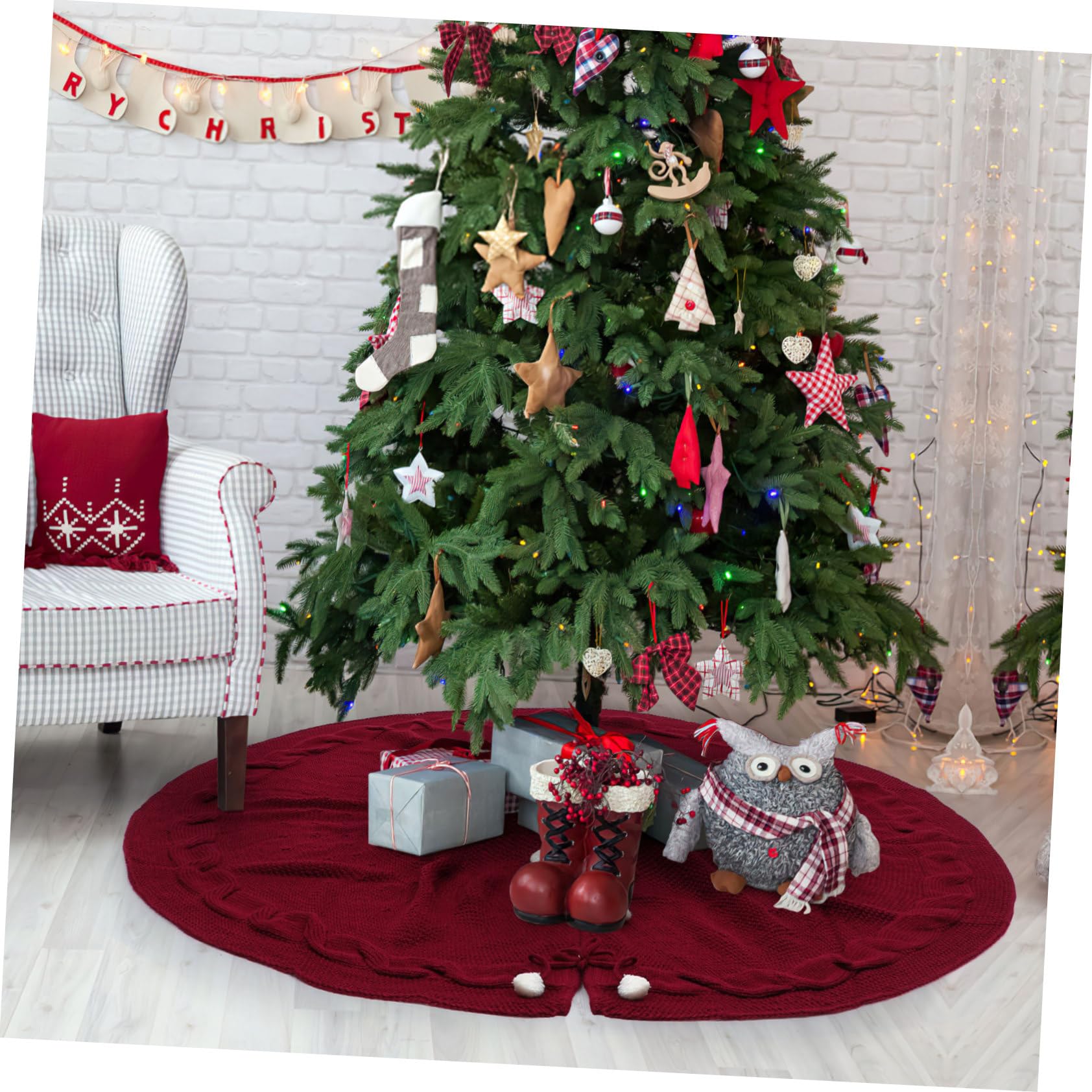 1pezzi Gonna Per Albero Di Natale Di Rosso Grembiule Decorativo Imitazione Lana Maglia Copri Albero Natale Creativo Per Casa Negozi e Hotel Aggiunta Di Atmosfera Festiva