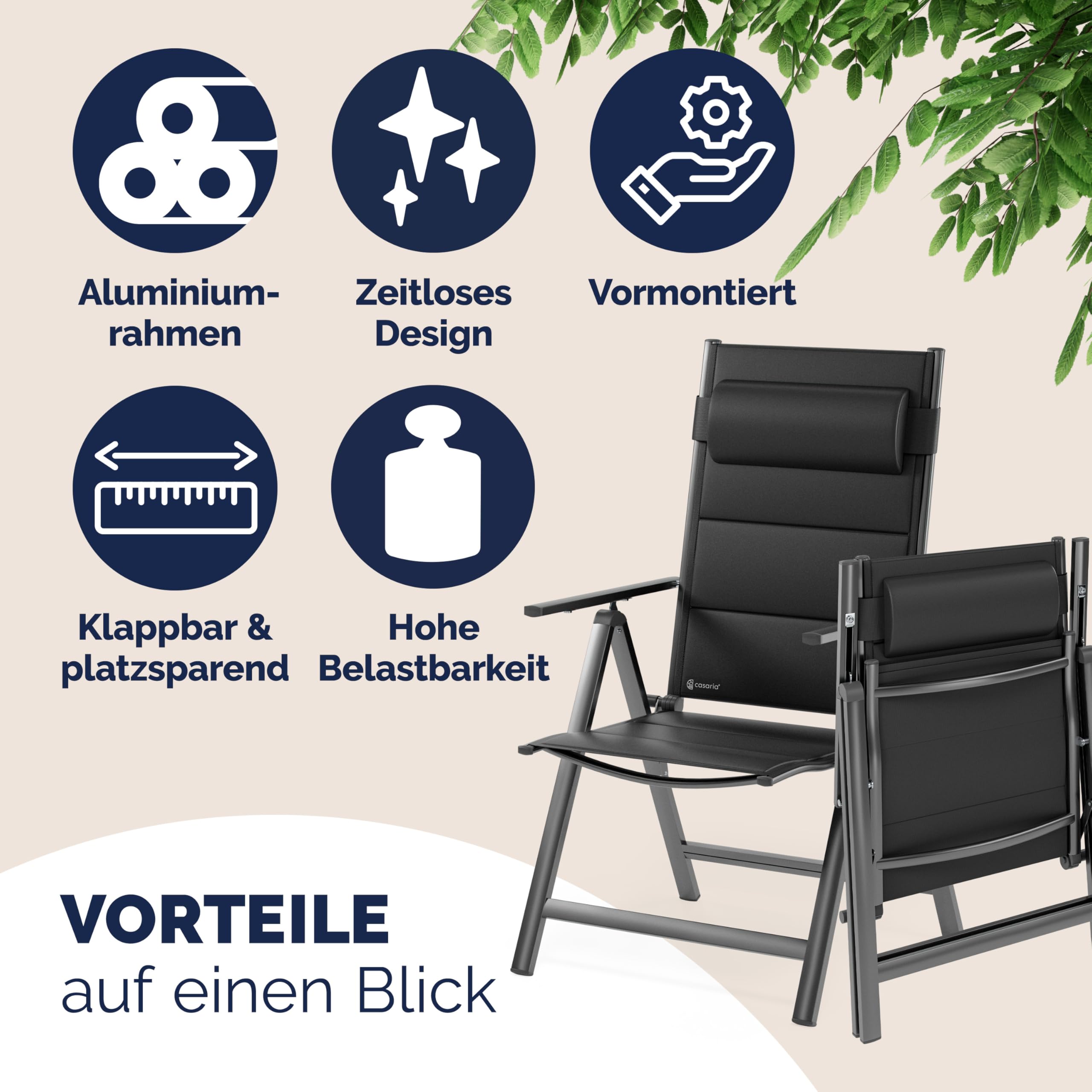 Casaria® Gartenstühle 4er Set Klappbar Gepolstert Alu 8- Fach Verstellbar 120 kg Belastbarkeit Wetterfest Outdoor Balkon Camping Hochlehner Klappstuhl