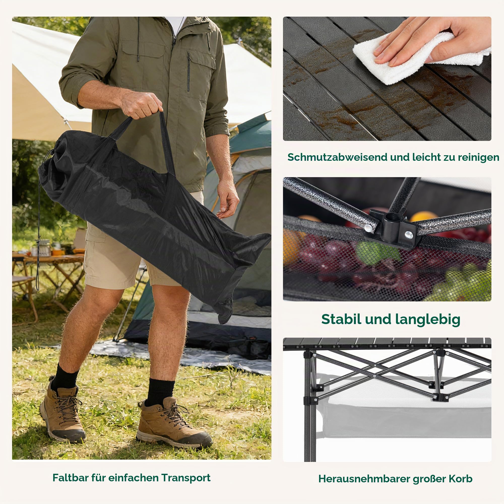 Großer Klapptisch Camping Höhenverstellbar, 120 x 55 cm Tragbarer Outdoor Picknicktisch mit Aufbewahrungsnetz & Tragetasche, Stabiler Rolltisch aus Carbonstahl für Camping, Grillen, Angeln