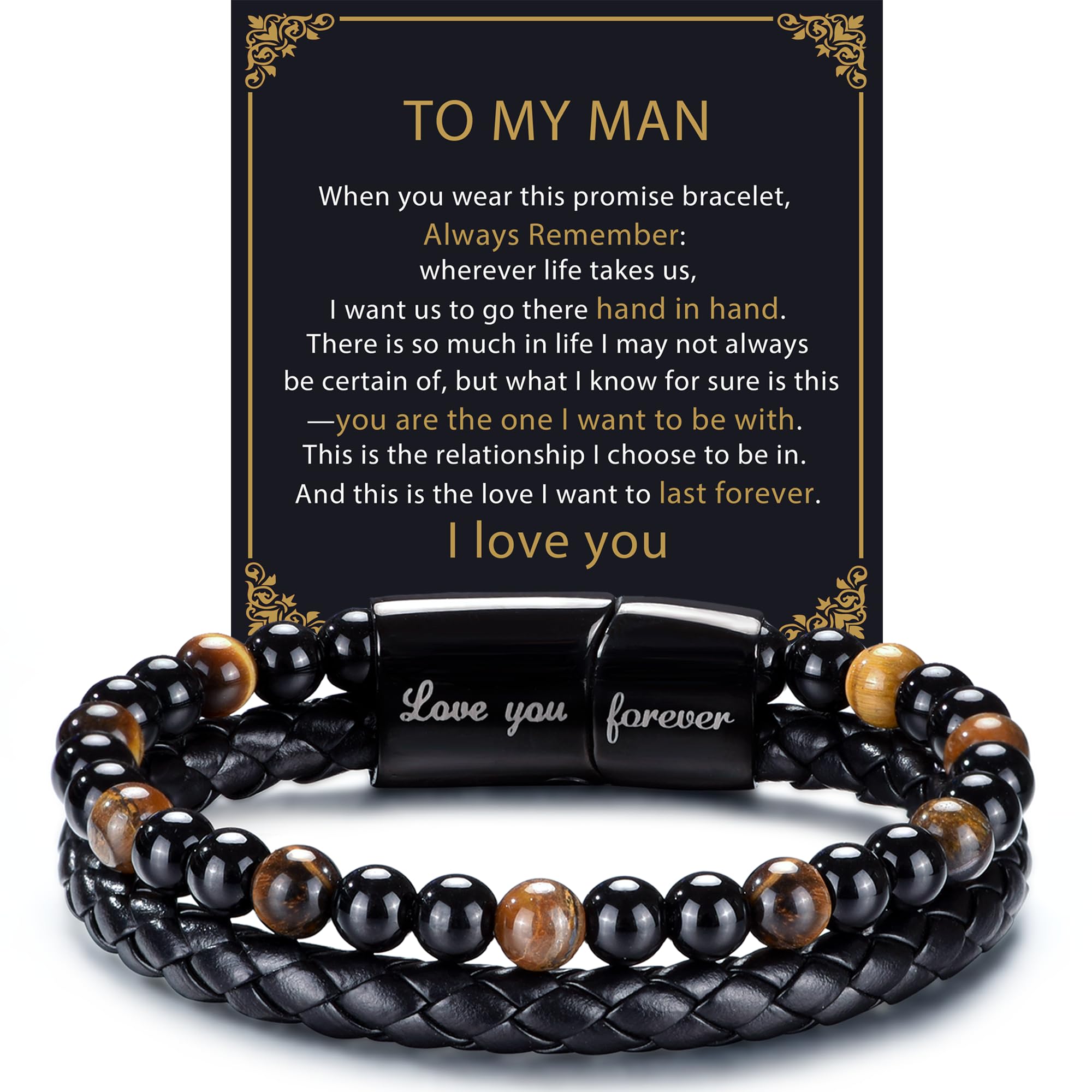 Gifts for Men - Mens Beaded Leather Bracelet with Tiger Eye Stainless Steel Engraved Anniversary Christmas Birthday Gifts for Son Husband Man 7.5/8.5/9 Inches Mens Leather Bracelet