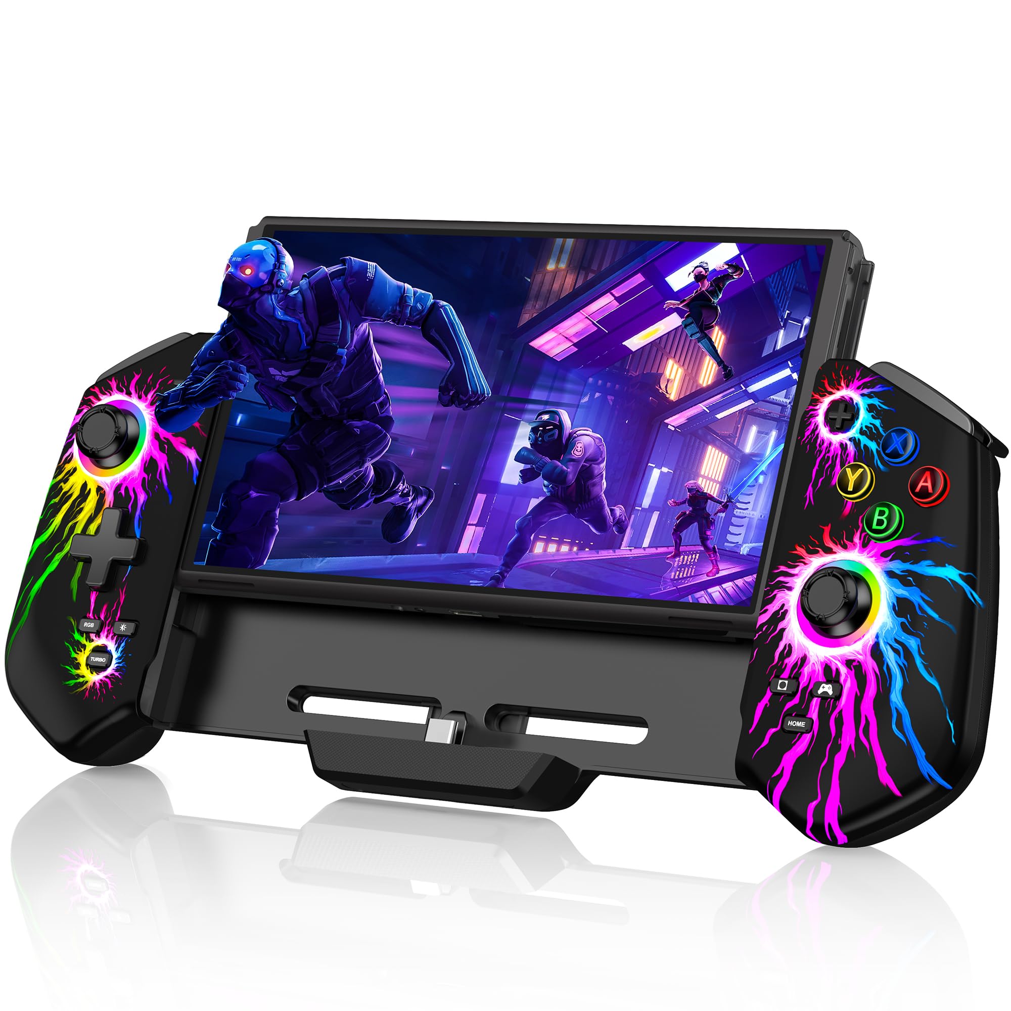 HELLCOOL Hall-Effekt Switch Controller, Plug&Play Handheld Switch Controller für Switch/OLED Konsole, Präzise Joystick, Cooles RGB-Licht Look, 4xSpiele Karten Slots