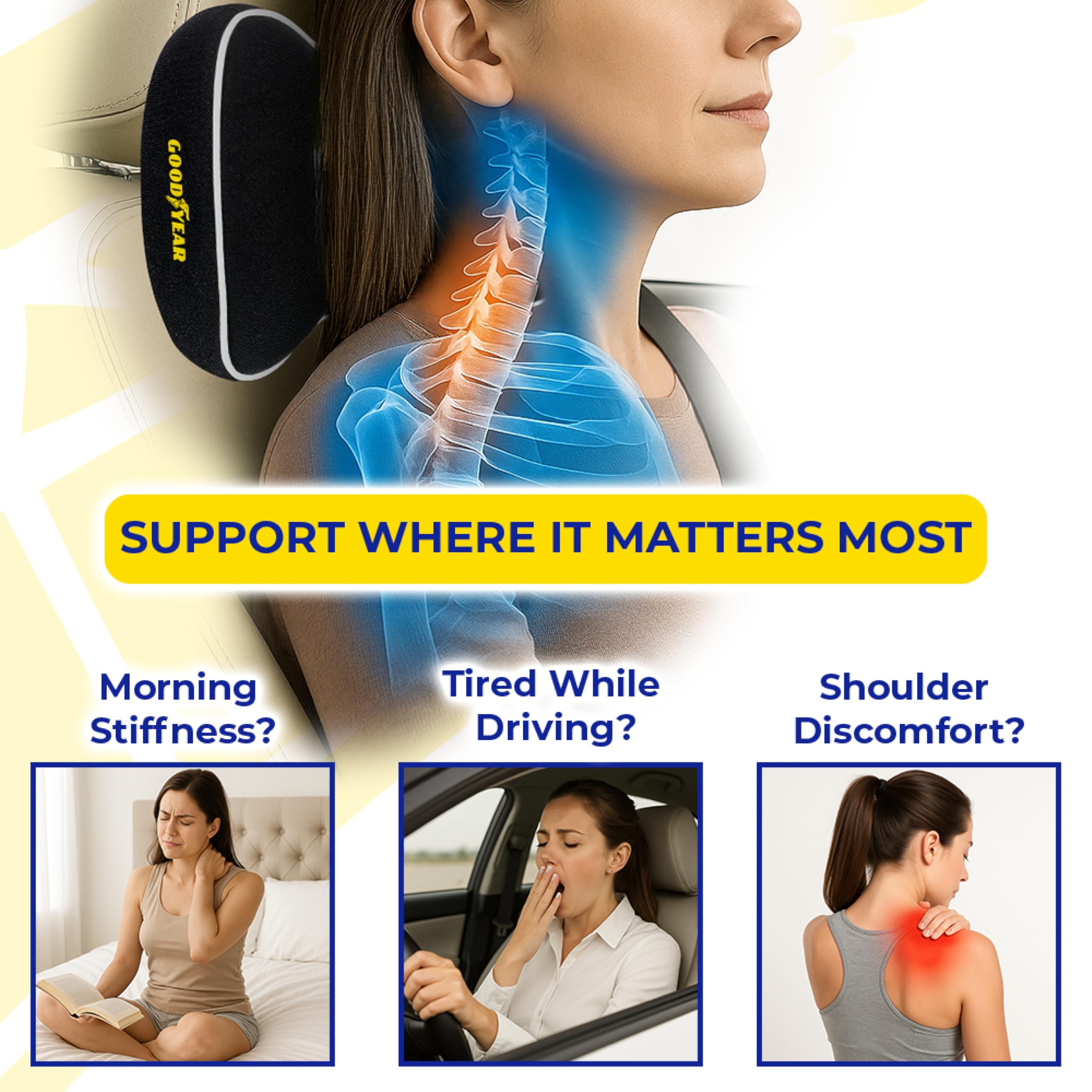 Goodyear GY1007 - Cuscino cervicale da viaggio per auto/SUV, 100% pura memory foam, aiuta ad alleviare il dolore al collo e migliorare la circolazione, cinghia regolabile, supporto per il collo