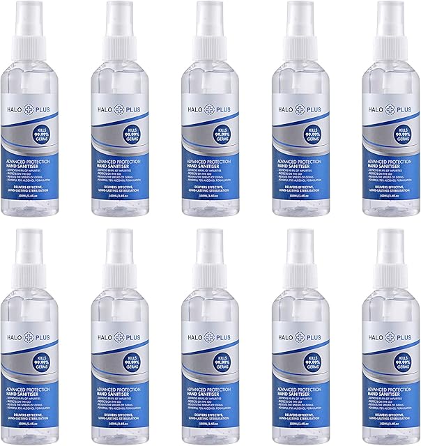 Halo Plus10pcs Hand Sanitiser Gel 75% Alcohol 100ml - Anti-Bacterial Hand Hygiene Sanitiser Gel Rub Kills 99.9% Germs Instantly, Fragrance Free Hand Sanitizer Gel in Pump Bottle