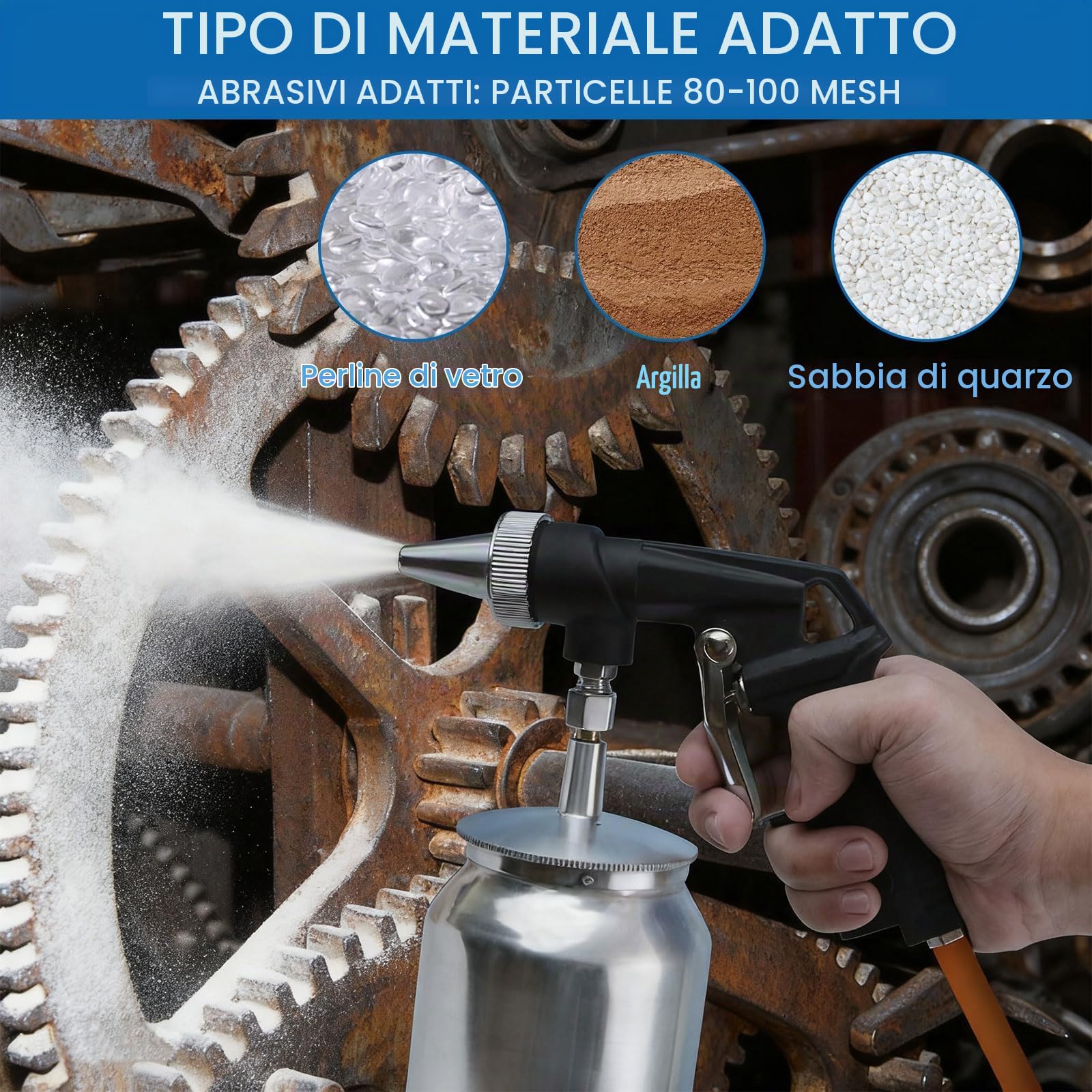 Pistola per sabbiatura, pressione di esercizio 6,5 – 8 bar, sabbiatrice, richiesta di aria compressa, 198 l/min, sabbiatrice, pistola a getto è adatta per lucidare, rimuovere la ruggine, pulire le