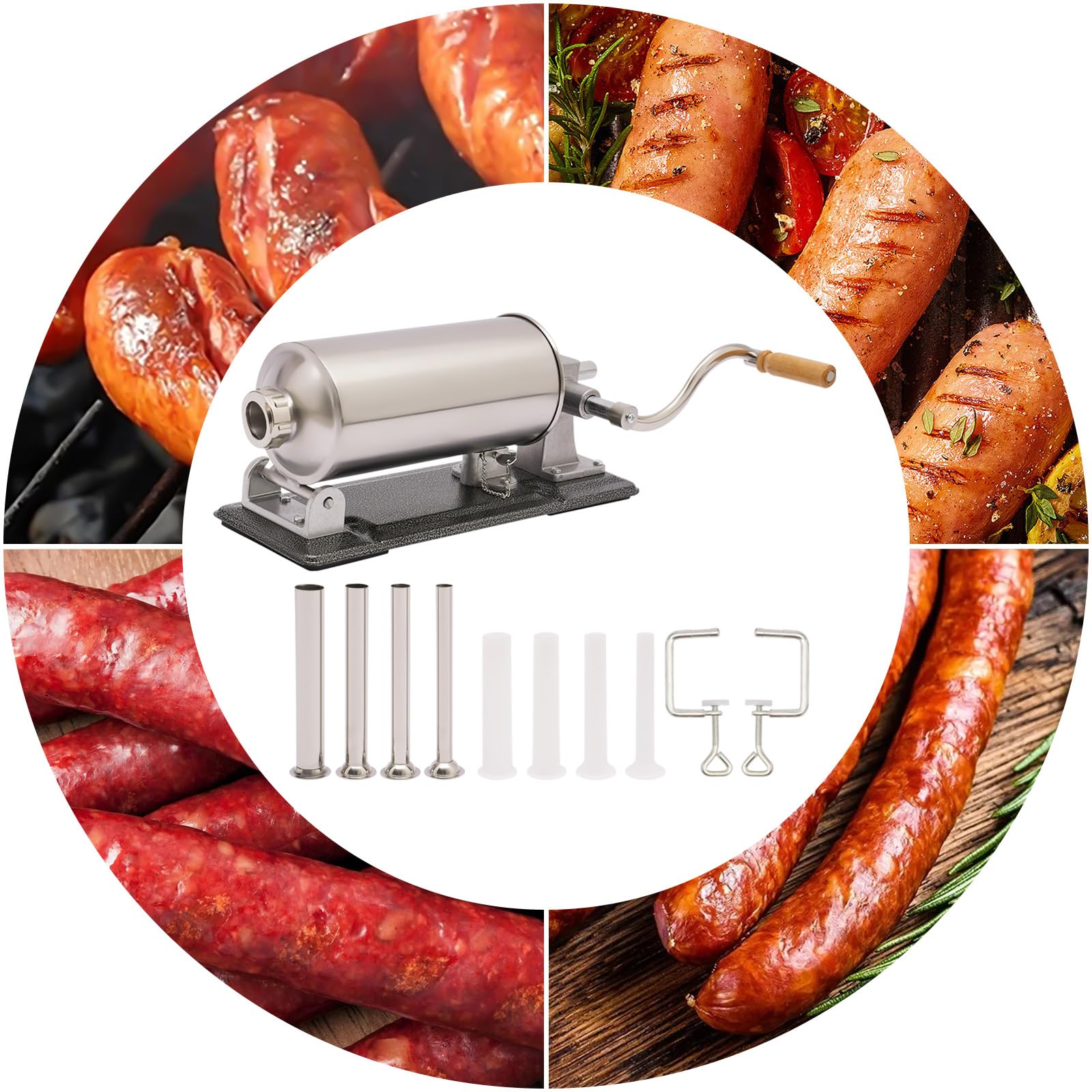 Sausage Stuffer, 4L/1.06Gallon Stainless Steel Sausage Maker Meat Sausage Stuffer Machine with 8 Stuffing Tubes for Professional Commercial Kitchen and Household Use