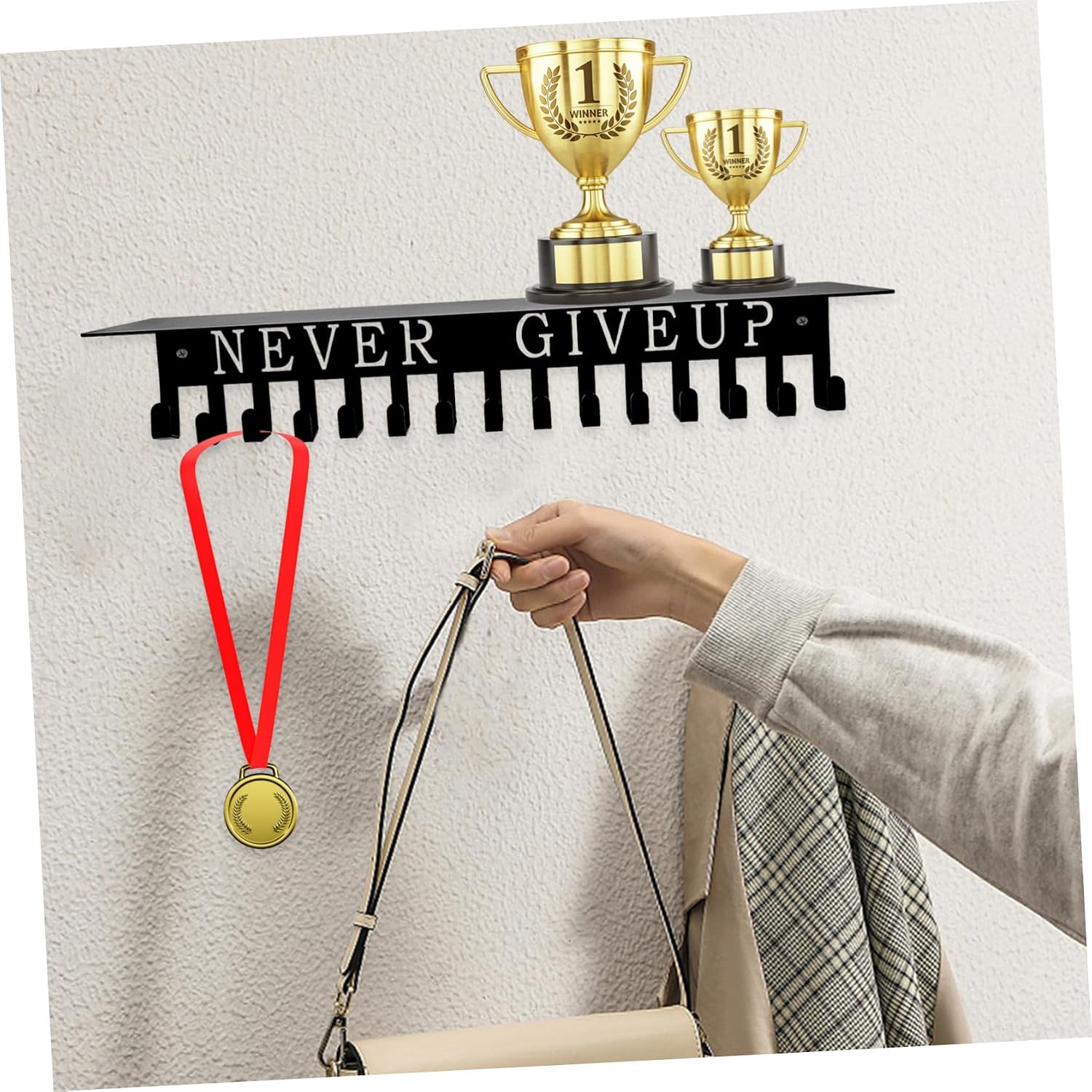 Wall-mounted Medal Hanger 40x10x6.6cm Black Sports Match Medal Display Rack Award Holder Organizer for Runners and Athletes