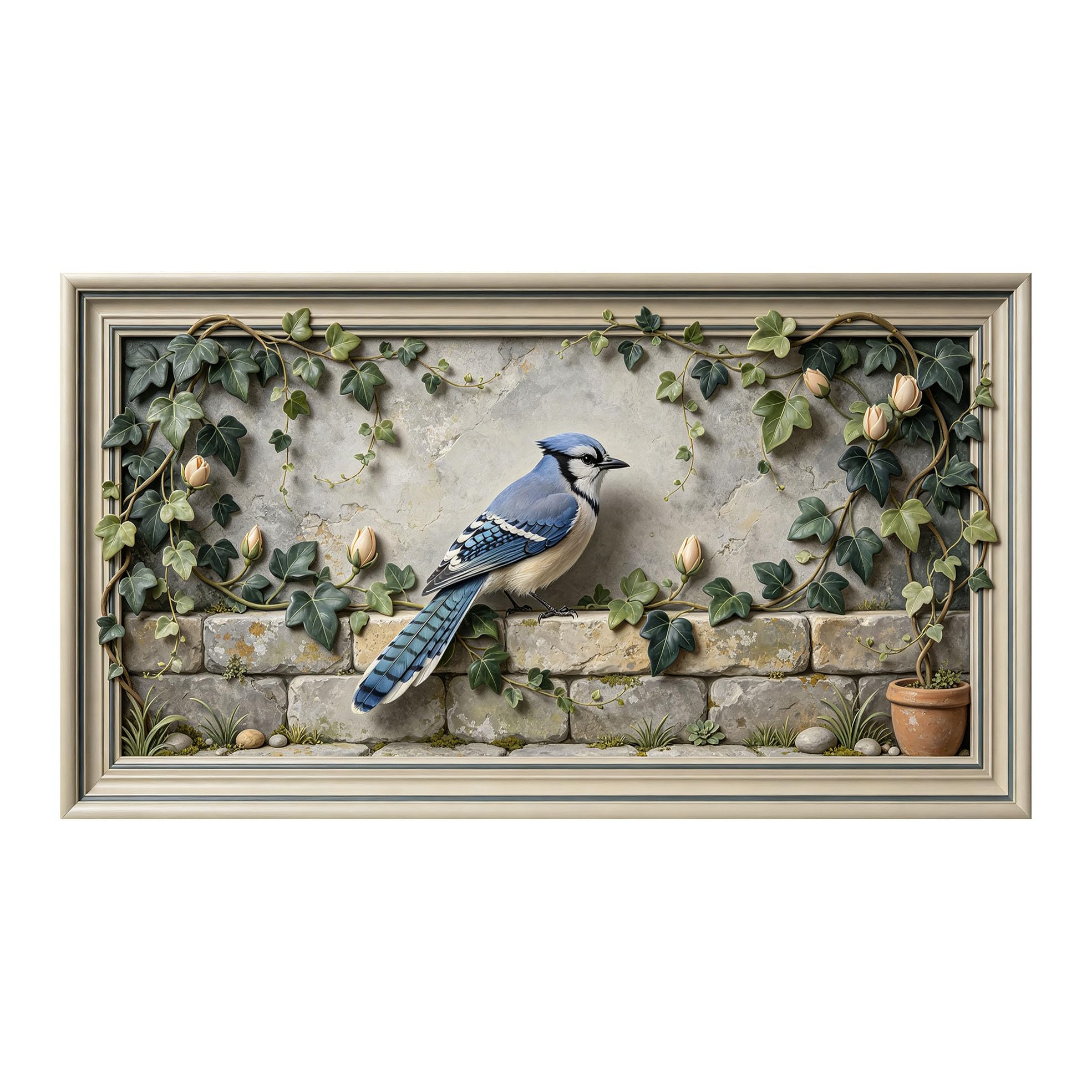 Yzpallescene 3D 3D Framed Wall Art 50cm×90cm Blue Jay Botanical Vintage Realistic Large Size SelfAdhesive Removable Wall Decor Prints Artwork for Living Room Bedroom Office