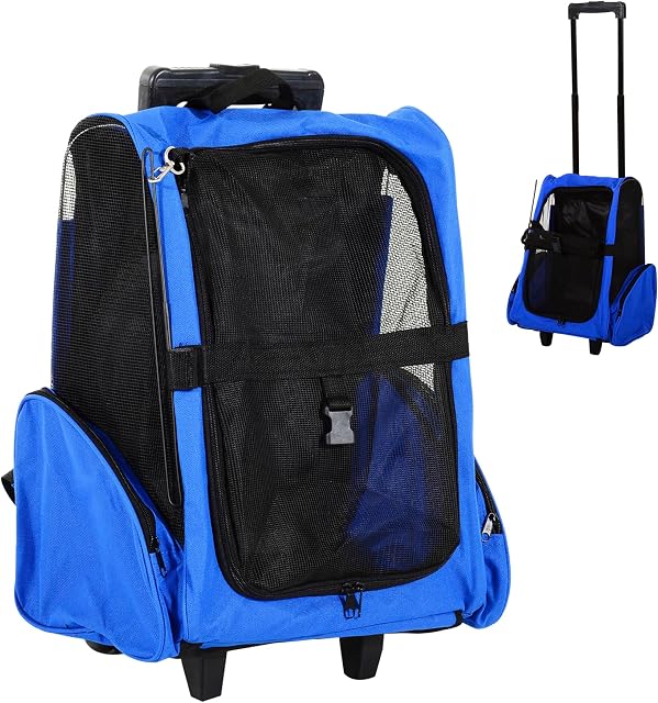 PawHut 2-IN-1 Pet Luggage Box Backpack Carrier Cats Dogs w/ Handle, Rolling Wheel Blue