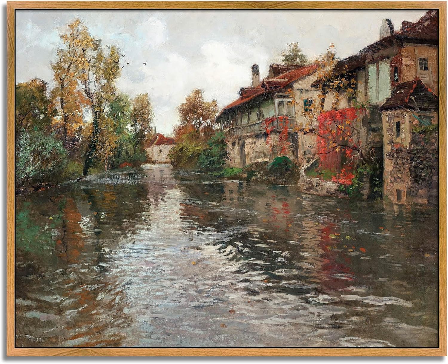 Vintage Farmhouse Nature Scenery Painting European Village