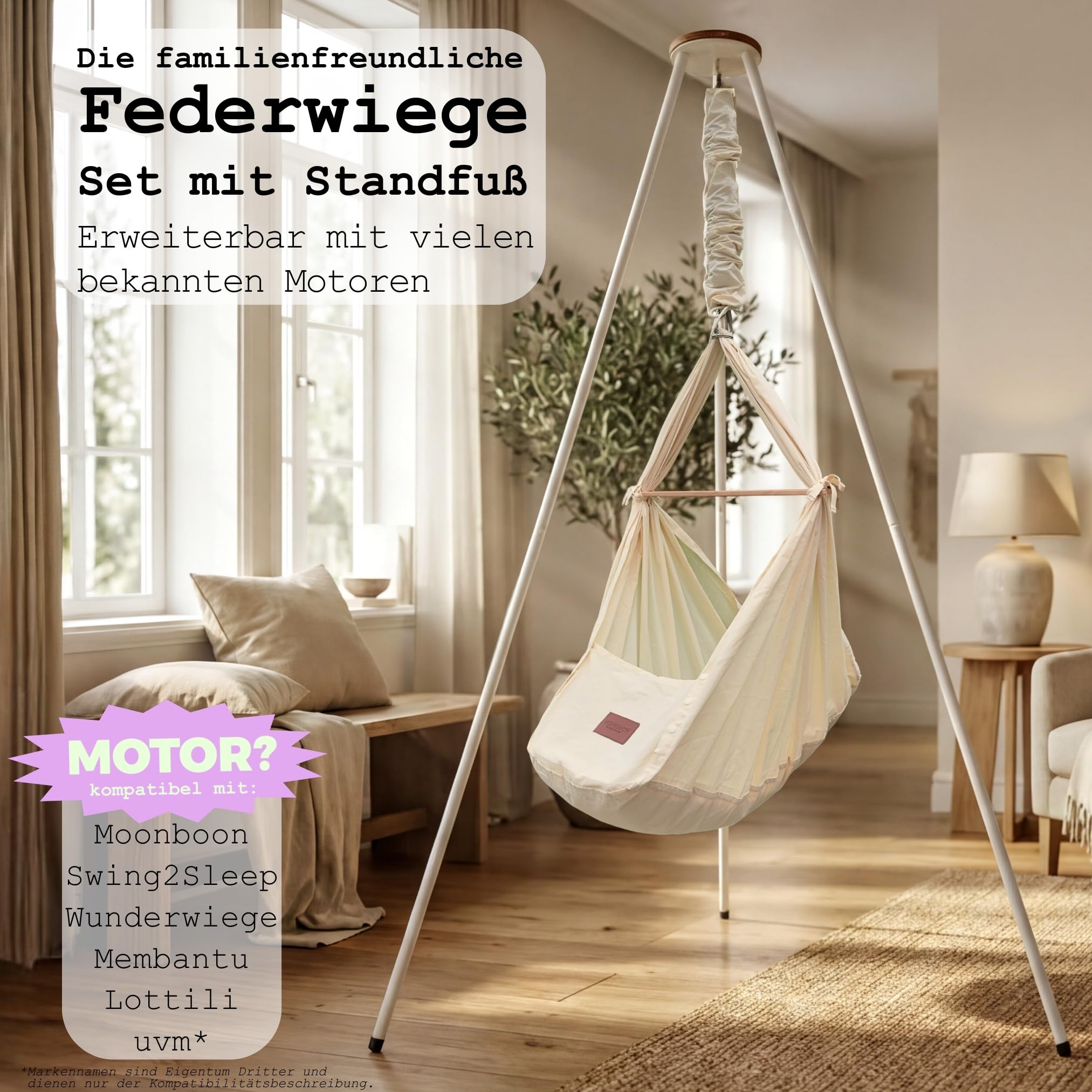 Honigbär Federwiege Set inkl. Standfuß (weiß) – Baby Hängematte TÜV-geprüft bis 40kg – Ergonomisches Nestchen mit Kapok-Matratze – Bio-Baumwolle – Universell motorisierbar - Schlaf wie im Mutterleib