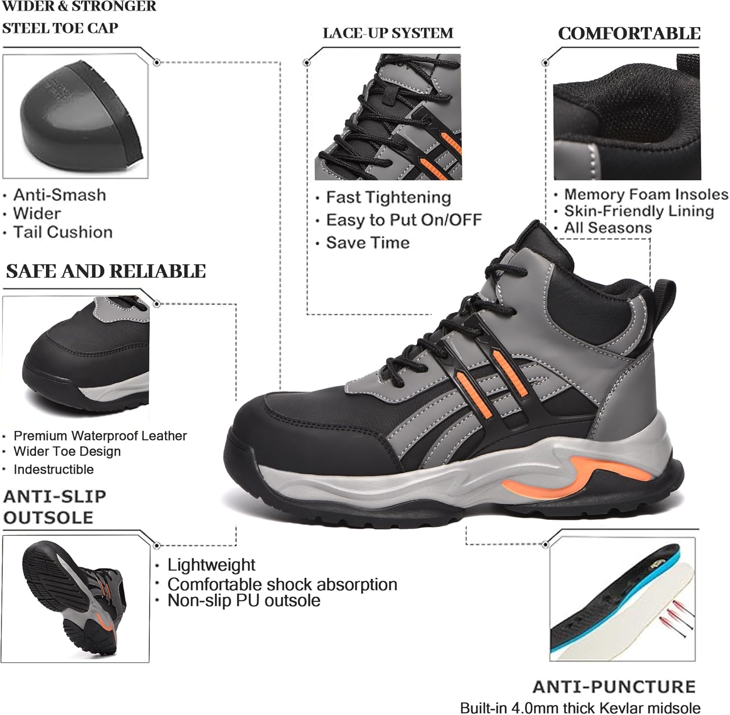 Waterproof Work Boots For Men - Comfortable Steel Toe Boots Safety Wide Toe Shoes Non Slip Indestructible Construction Leather Work Shoes - Image 3