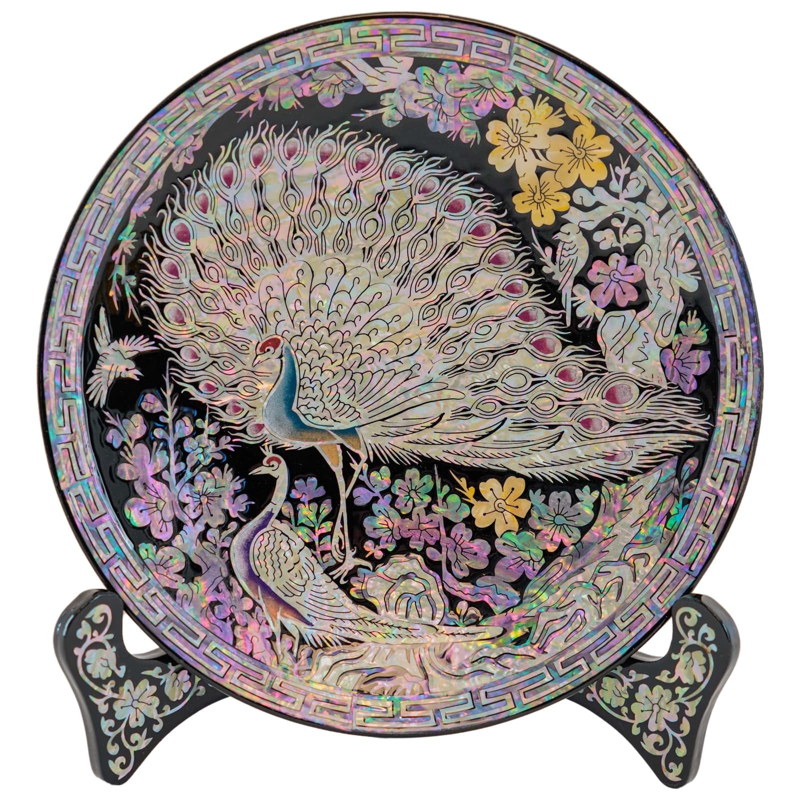 February Mountain Traditional Mother-of-Pearl Inlaid Decorative Plate with Peacock Design Including Display Stand