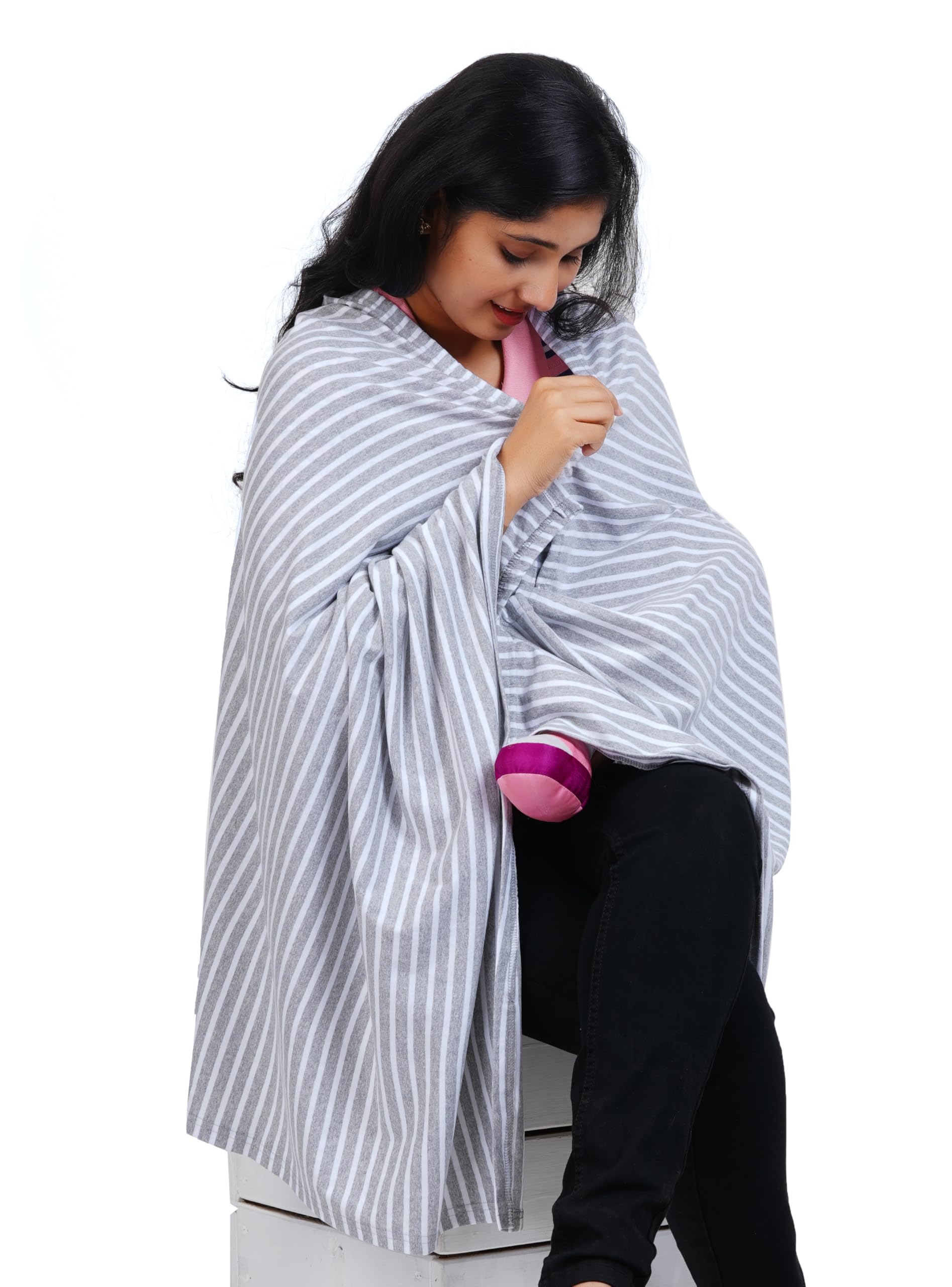 Kowsi Soft Mother's Nursing & Feeding Shawl Feeding Cloak (Stripes) (Grey Melange) - Image 2 thumbnail