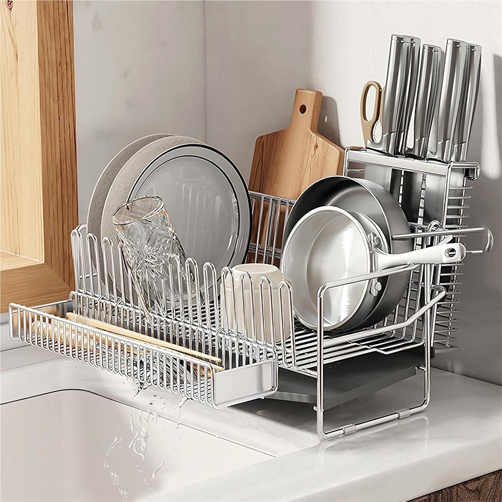 ARUNASC dish racks Stainless Steel Dish Drying Rack Large Capacity Kitchen Counter Organizer with Drain Board, Utensil Holder drainer