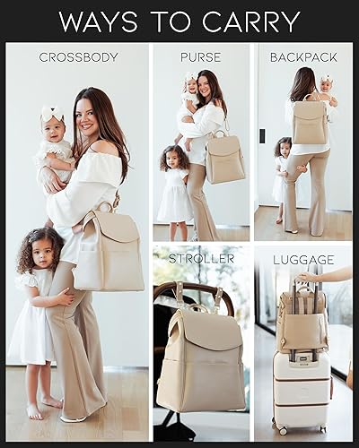 Miniatura 6 de MIA + SOPHIA Mochila de cuero para pañales con puerto de carga USB, cambiador, correas de cochecito y soporte para botellas (beige oliva)