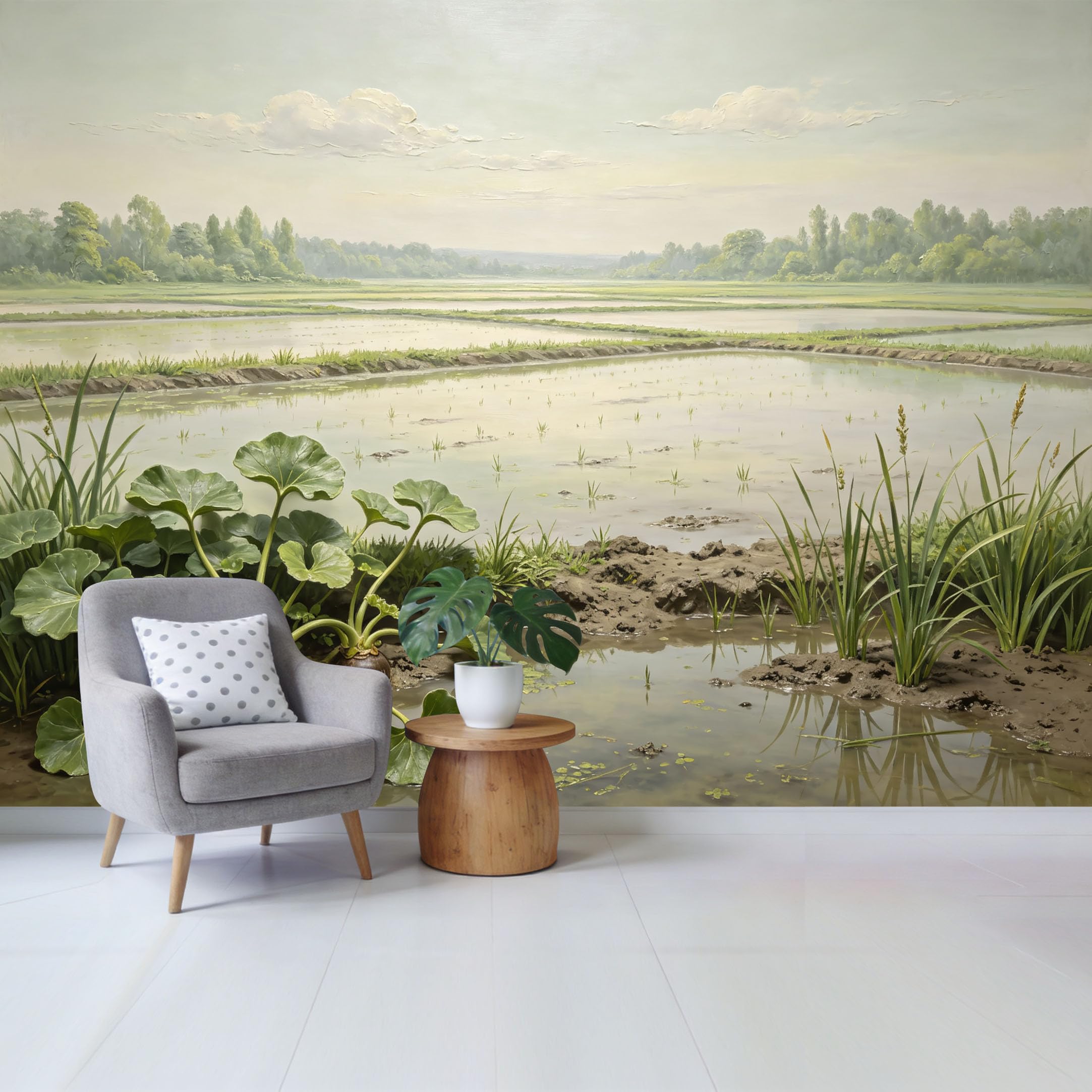 Qzlithotic Yq2605251088 Custom Size Wall Mural Serene Paddy Field Landscape Oil Painting Rural Farmland Scenery Selfadhesive Wall Fabric Removable Wallpaper For Home Office Decor