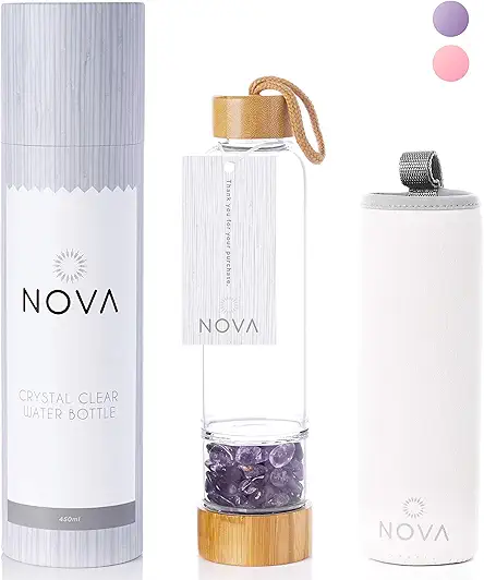 Amethyst Crystal Elixir Water Bottle – Leak-Proof Bamboo Cap & Sleeve – 15oz Wellness Glass