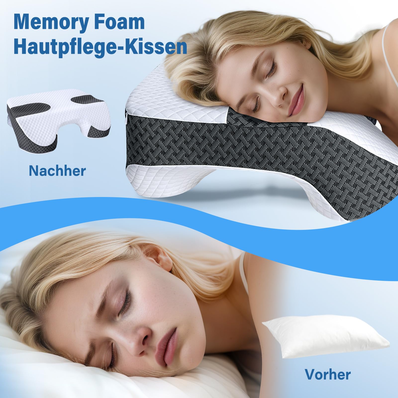 SAHEYER Seitenschläferkissen mit Armloch, 2-in-1-Ergonomisches Orthopädisches Kopfkissen für Nacken und Schulter, Memory Foam Kissen mit 3 Armöffnungen – für Seiten-, Rücken- und Bauchlage, Schwarz