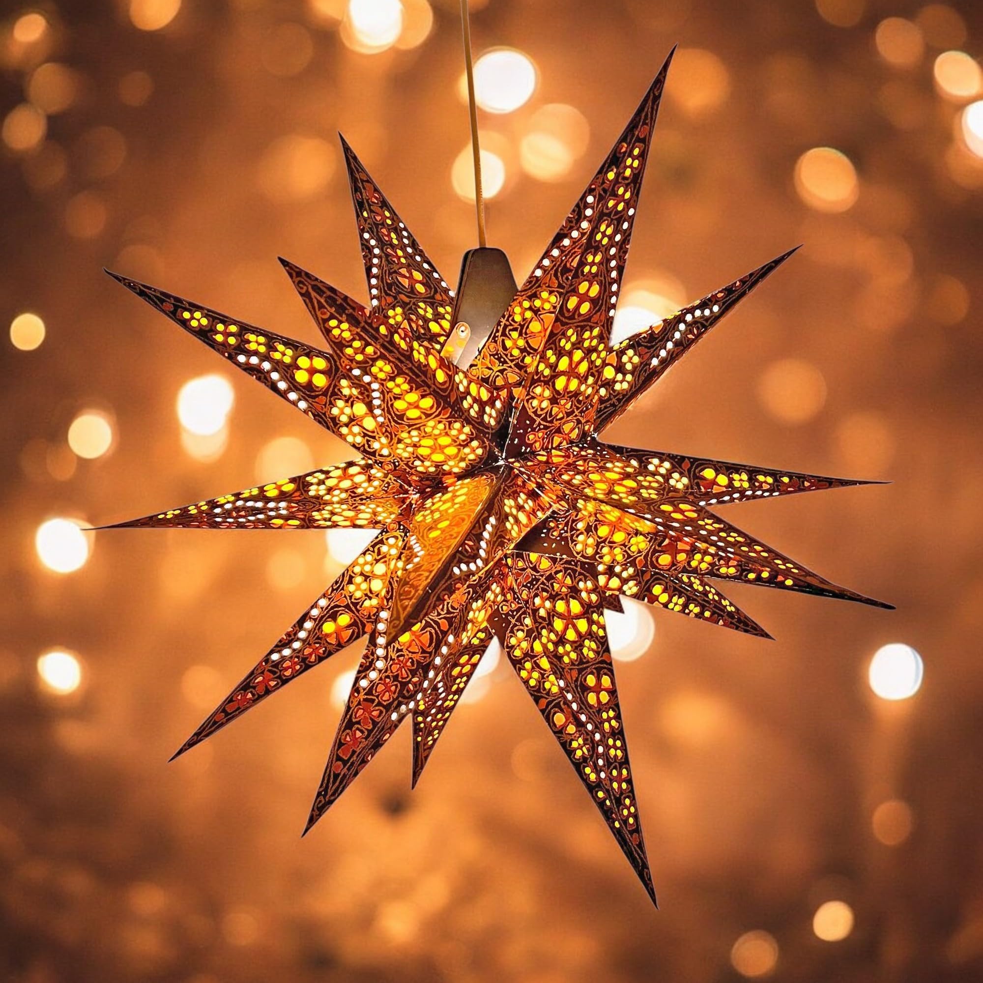 MoreThanHip 3D Weihnachtsstern Jaipur, orange/gelb, Ø60cm, 18 Zacken, handgefertigter Papierstern, Herrnhuter Stil, inkl. 3m Kabel (ohne Lampe), für Weihnachtsdeko