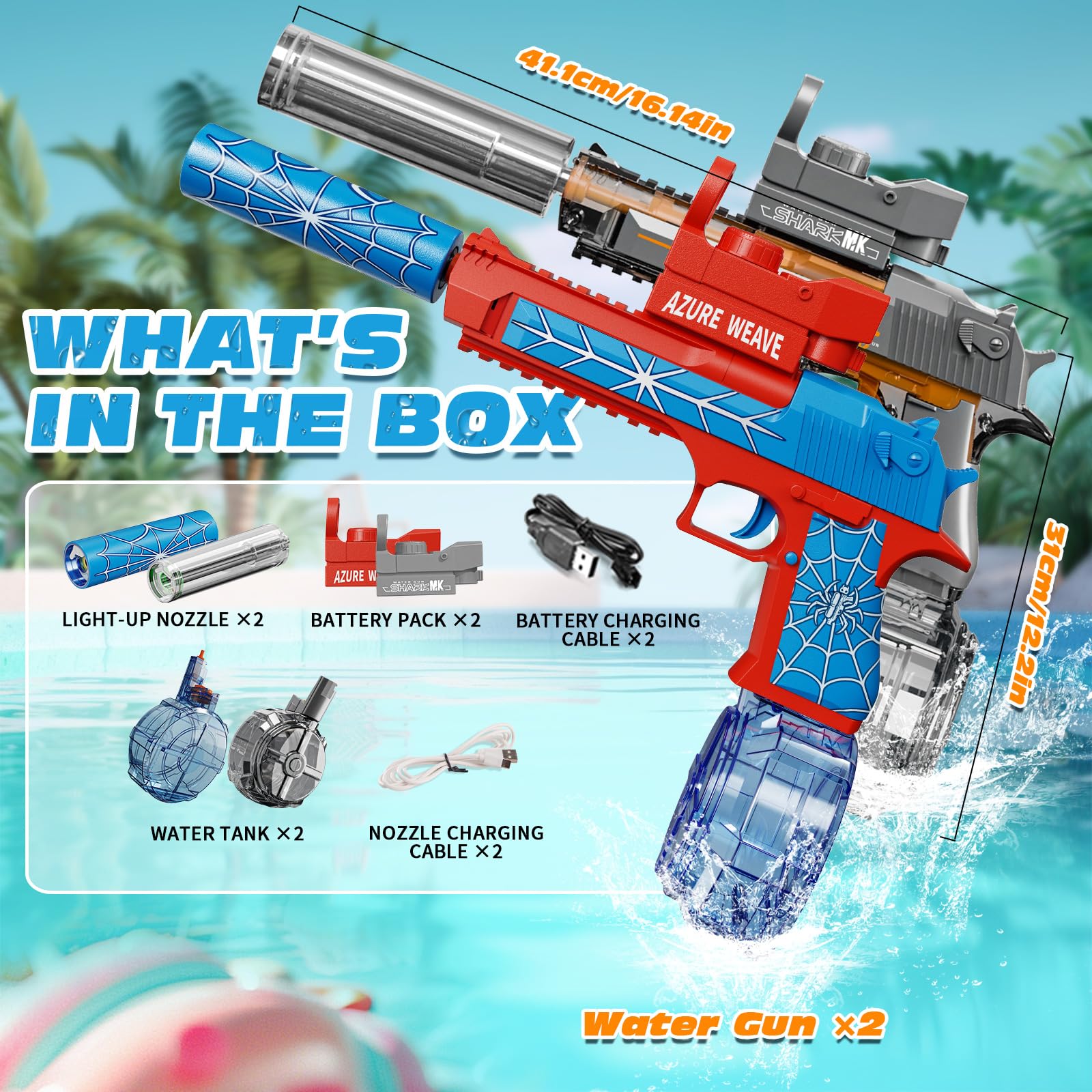 Tecnock 2026 Pistolas de Agua Eléctricas, Pack de 2 Pistolas Automáticas Recargables con Luz en la Boquilla, Alcance 8–10 m, Juguetes de Agua para Niños y Adultos, Piscina, Playa y Jardín