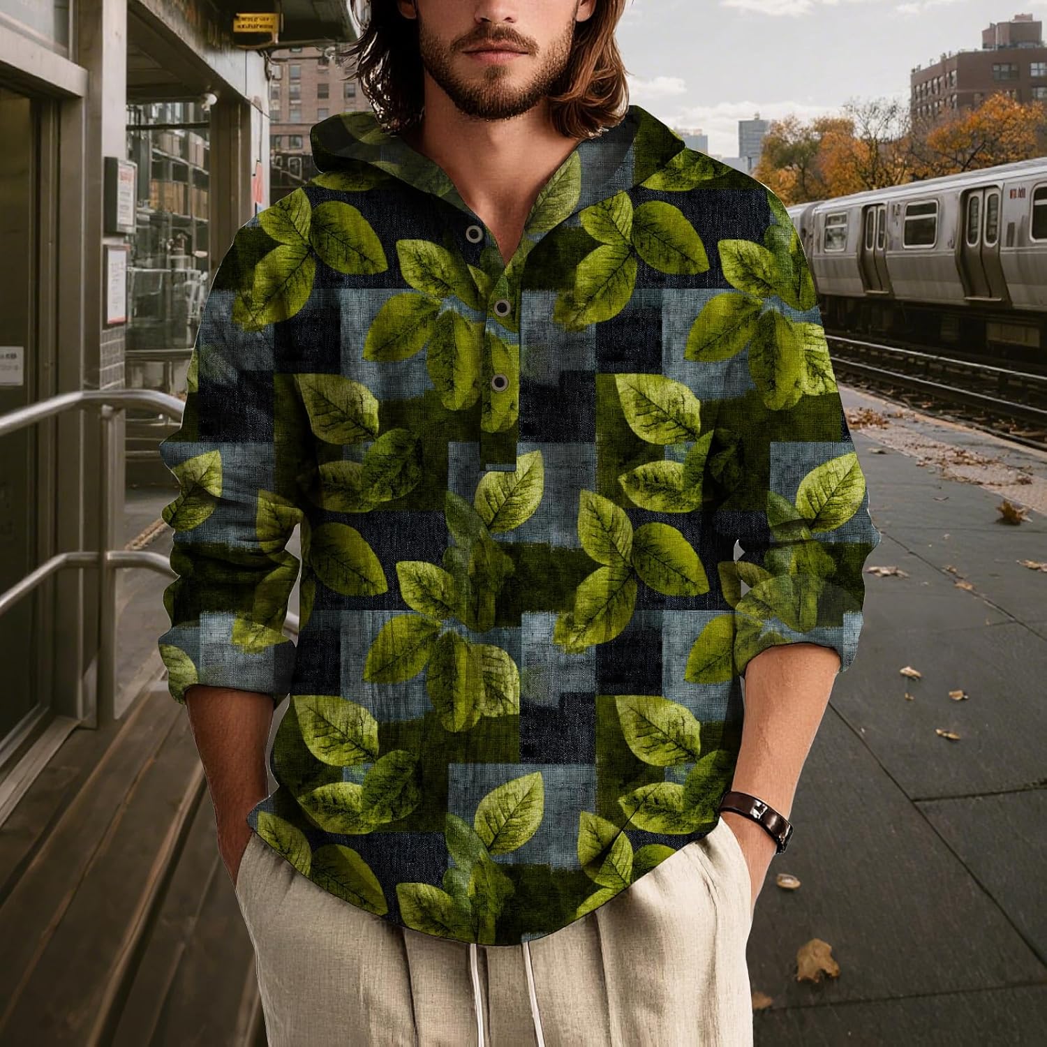 Mens Long Sleeve Hooded Shirt Botanical Print Lightweight Casual Pullover Button Neck Roll Up Sleeves Beach Wear - Image 2