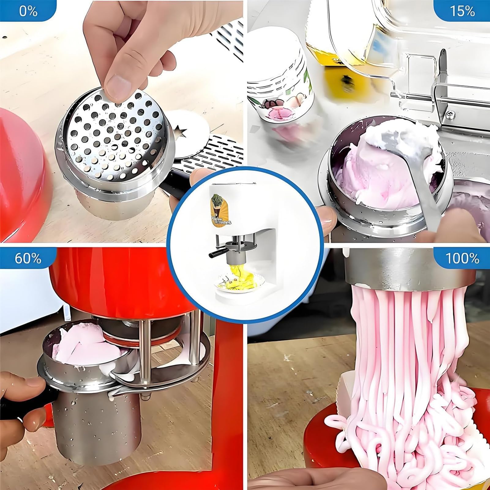 Máquina Heladera Spaghetti 80W Profesional, con 4 Moldes INOX, Extrusora De Helado Italiano, para Restaurantes, Bares, Heladerías