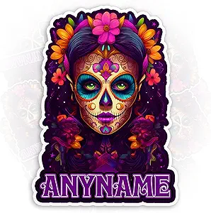 Personalized Women Sugar Skull Sticker Custom Name Sugar Floral Girls Skull Mexico Mexican Stickers Waterproof Die-Cut Vinyl Sticker for Kindle Laptop Water Bottle Hard Hat Funny Sticker Gifts