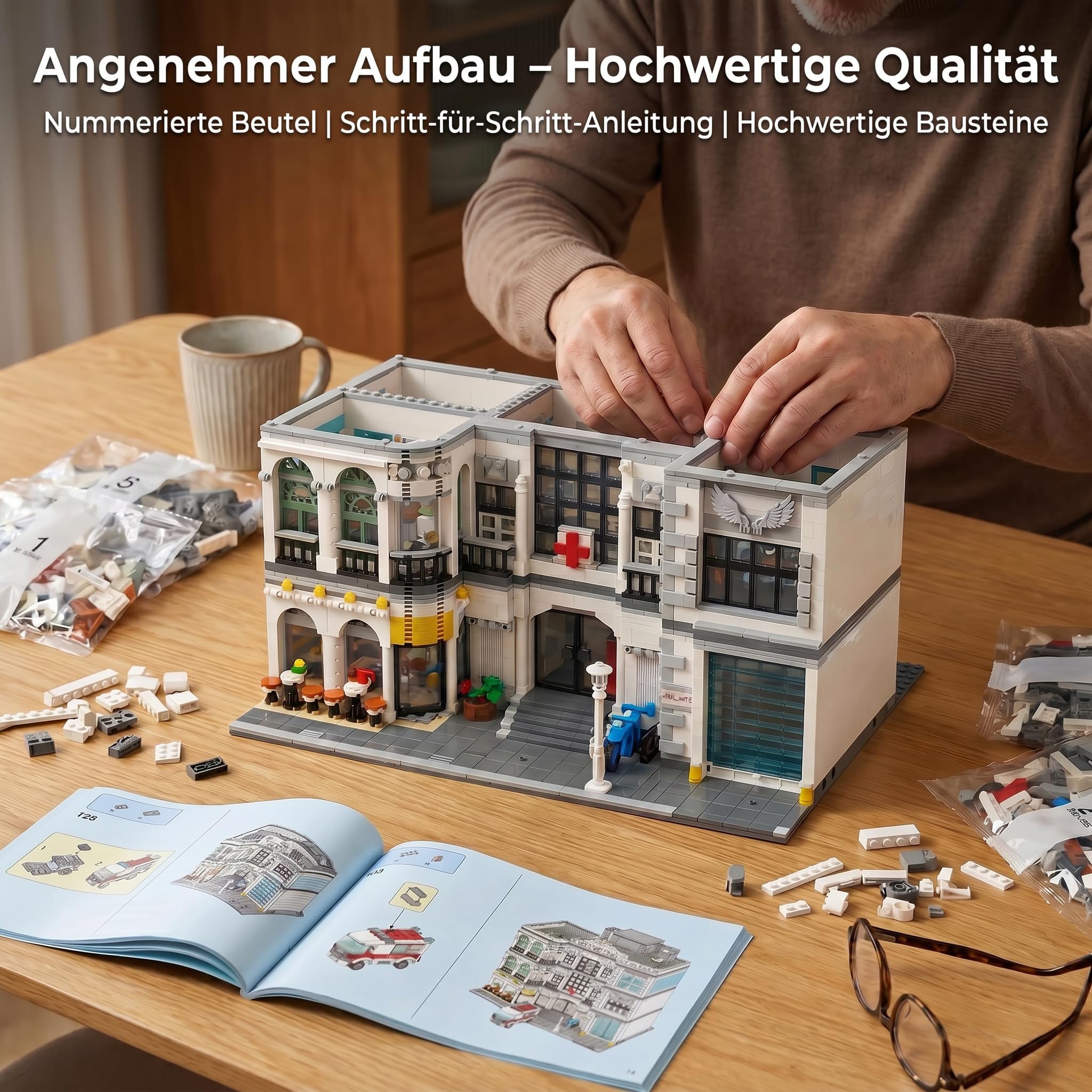 2 in 1 Klemmbausteine Krankenhaus mit 17 Figuren & Krankenwagen | 4953 Teile, Stadt Haus Bauset für Erwachsene, Modern Hospital Modular Building