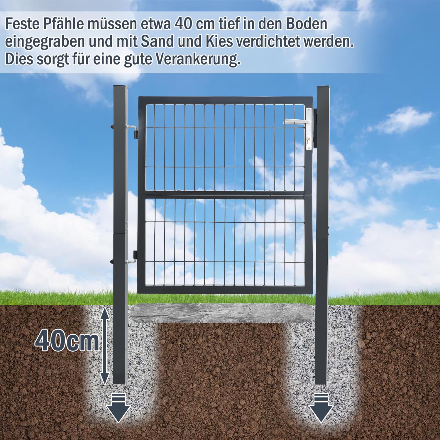 Eulenke Brama ogrodowa do ogrodzenia mat prętowych, drzwi ogrodowe z metalu ocynkowanej stali, metalowa brama ogrodowa z ogrodzeniem, brama ogrodowa, dzielona brama, brama podręczna z uchwytem,