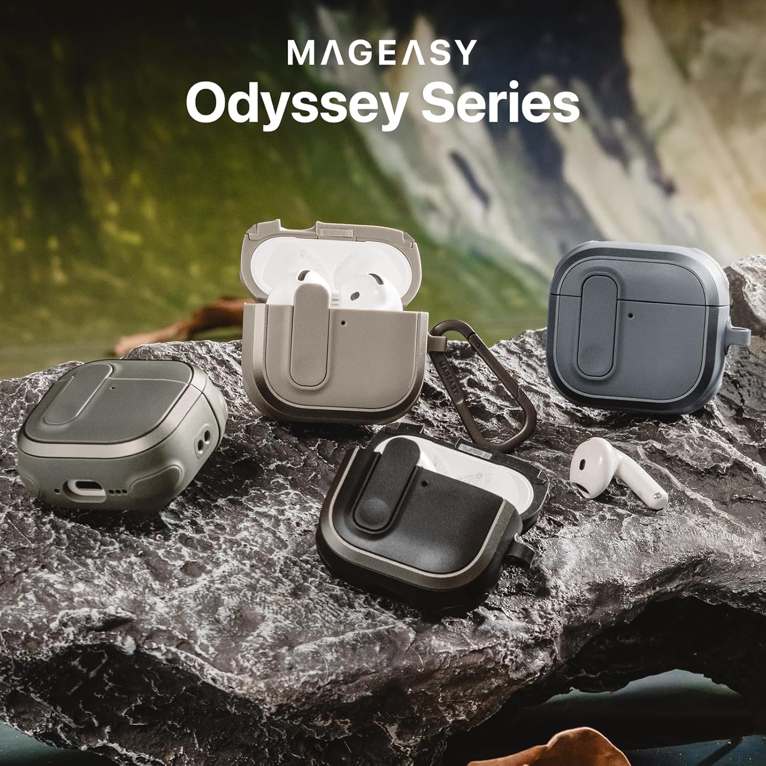 MAGEASY Odyssey AirPods 4 Case Cover (Color: Sand-Brown) Rugged with Secure Lock, Carabiner Clip for Drop Protection, Wireless Charging Compatible Apple AirPod 4th Generation