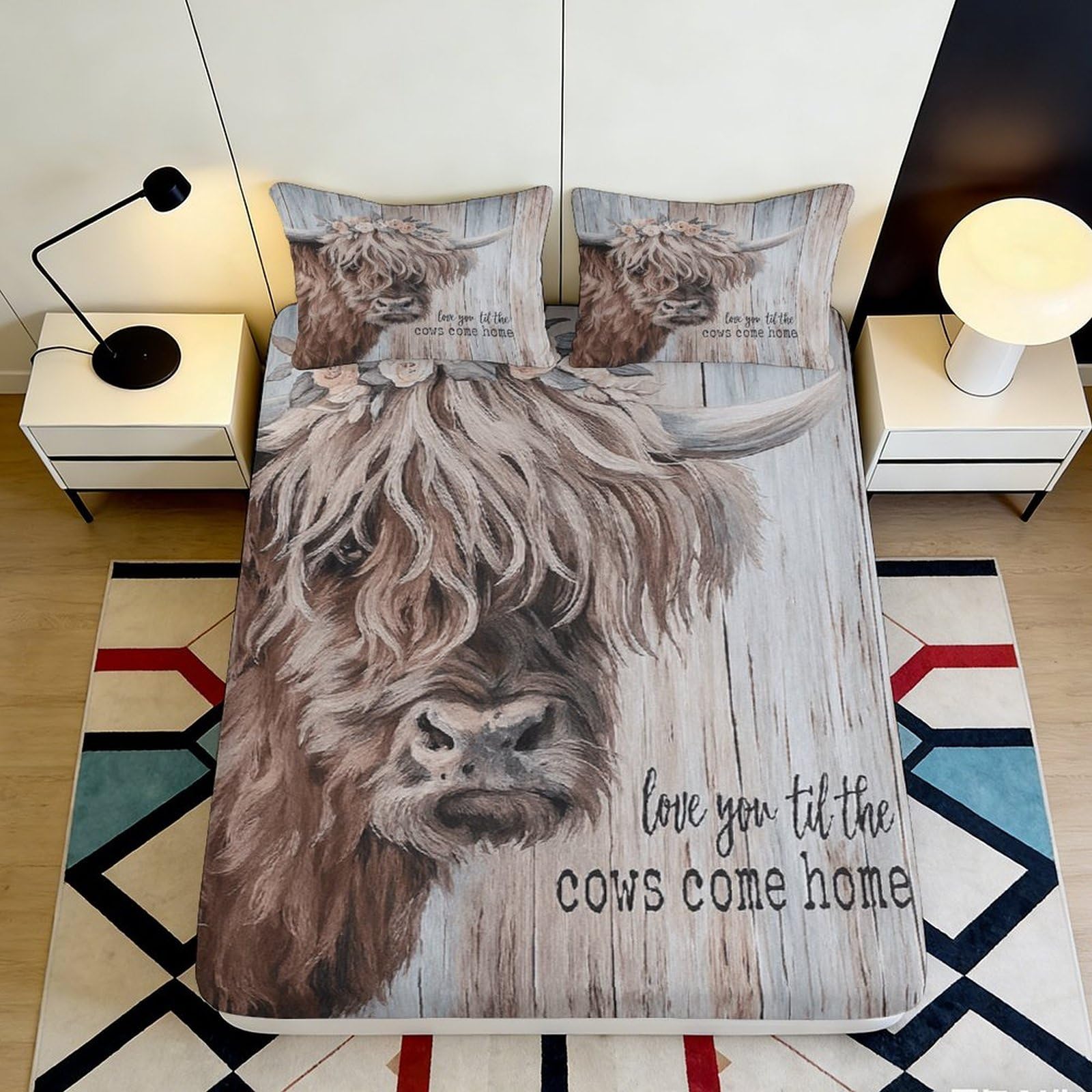 3D Printed Highland Cow Fitted Sheet Microfiber Soft Breathable Rustic Farmhouse Bed Cover for Bedroom Guest Room Decor 90x200x25cm