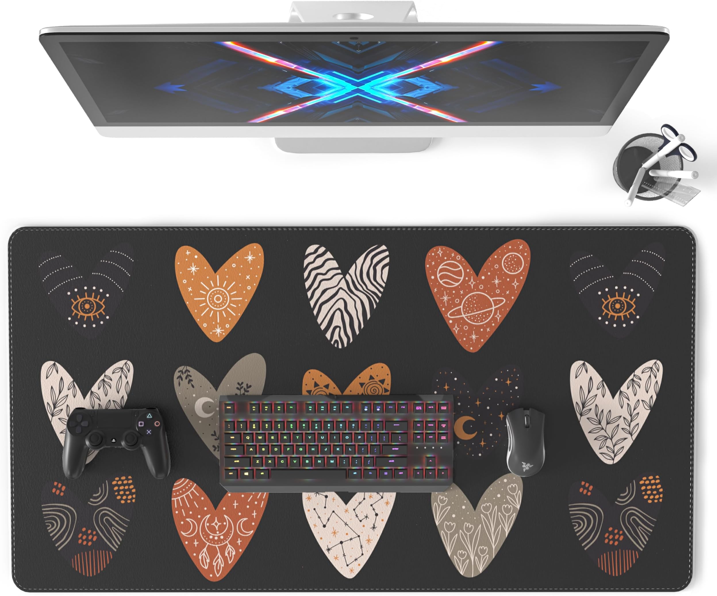 Colorful Star Leather Waterproof Desk Pad, Boho Cute Heart