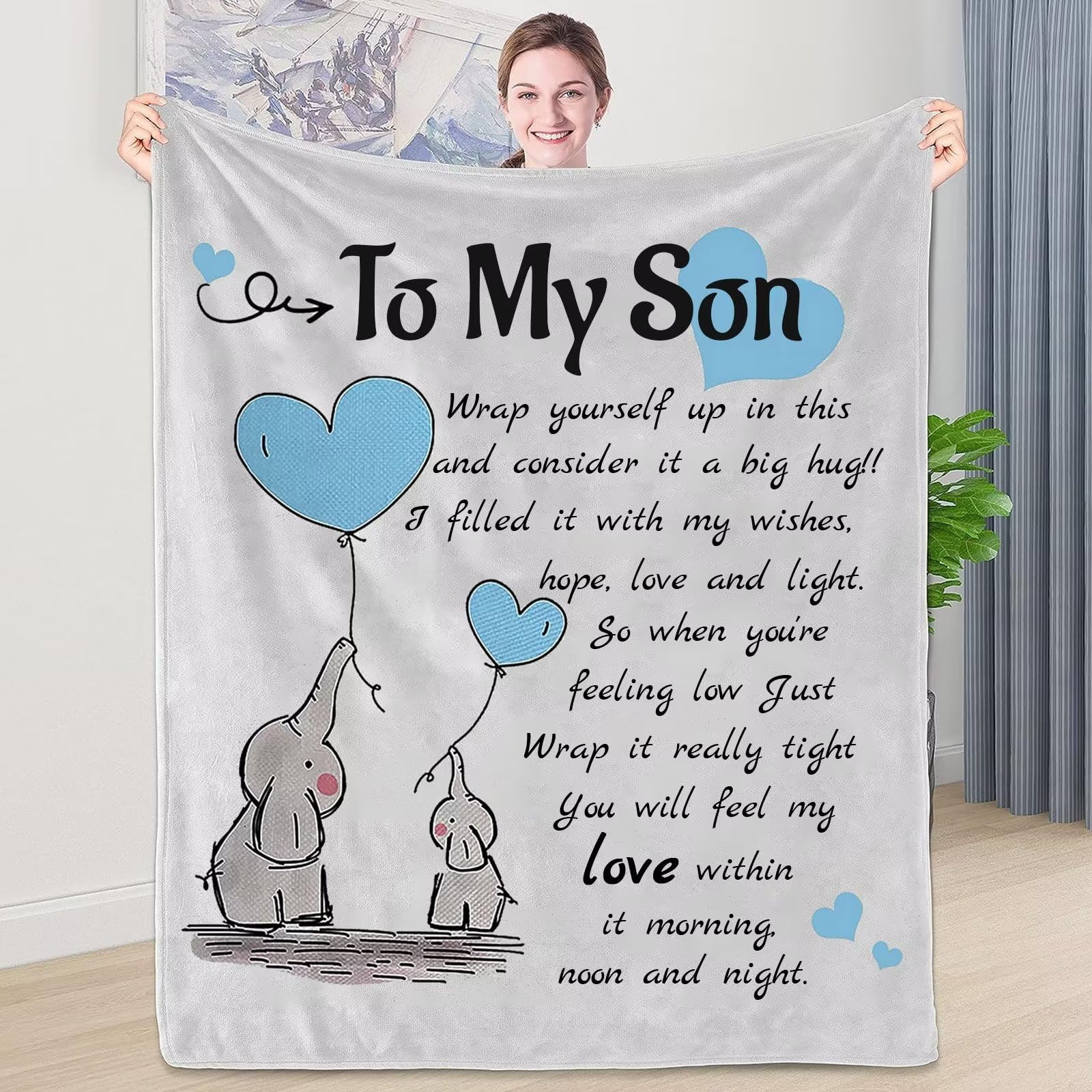 WJMSDK Gifts for Aunt - Personalised Elephant Blanket, Grey, 130*150cm, Cotton Blend, Flannel, Unisex, Medium Weight, Home, Travel, Office