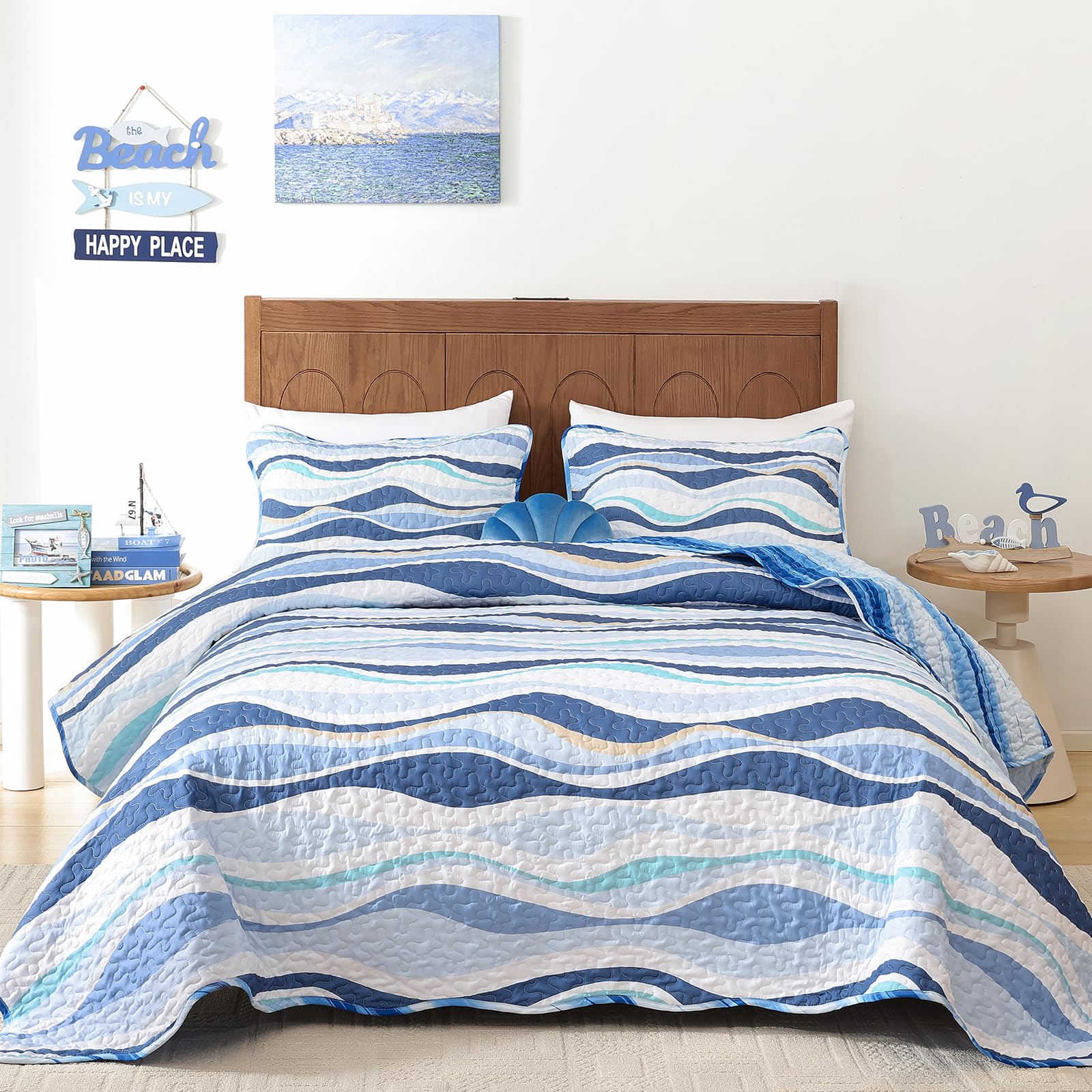 DJY Blue Seawaves Ocean Quilt Set Queen Coastal Beach Theme Quilt Coverlet Soft Microfiber Reversible Bedspread with 2 Pillow Shams 3 Pieces Nautical Stripe Bedding Quilt for All Season 90"x96"