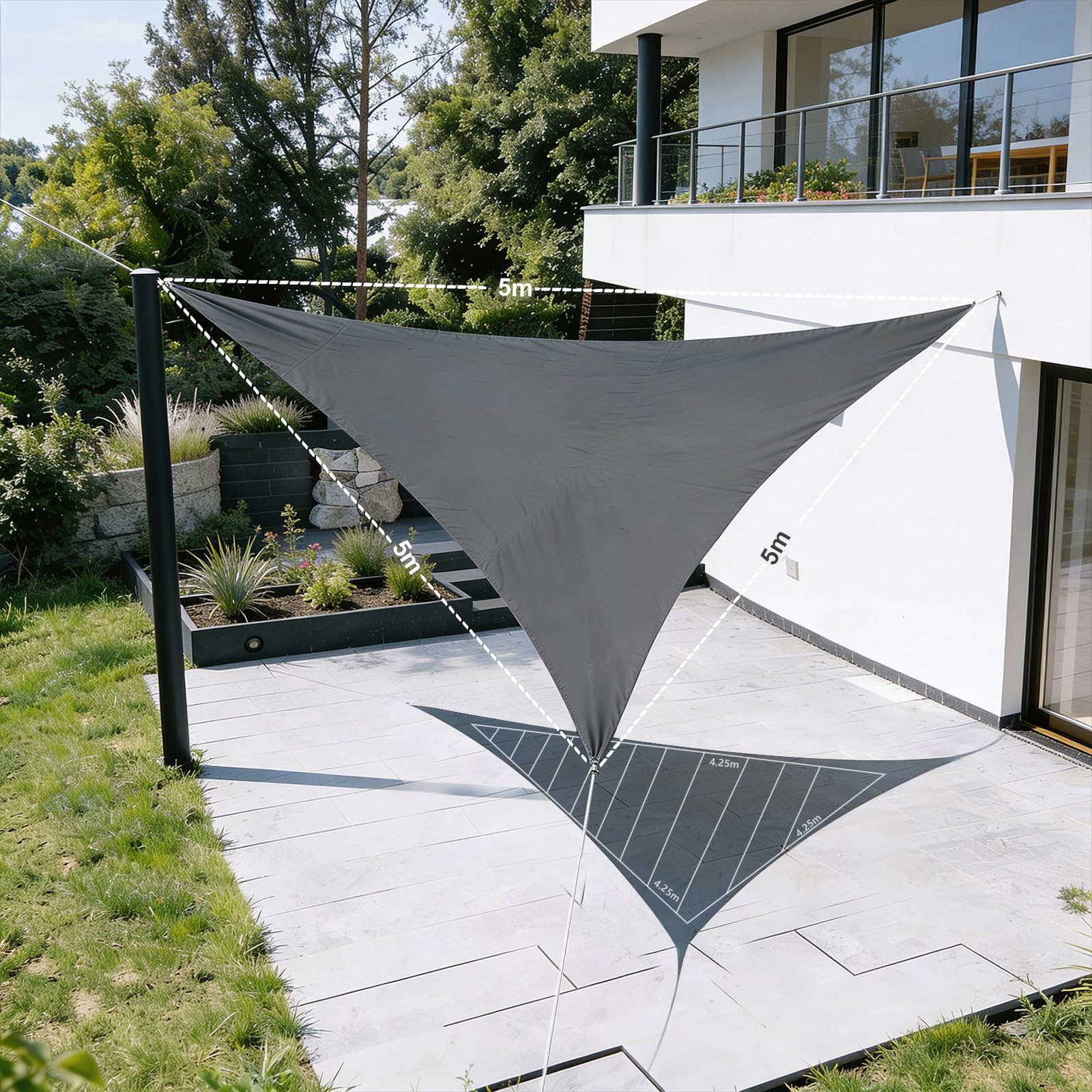 HAIKUS Voile d'ombrage Imperméable Triangulaire 5x5x5m, Toile Ombrage PES Résistant à l'eau, Filet dombrage Triangle 5m Résistant 98% Protection Rayons UV pour Patio Extérieur, Gris Graphite 5x5x5