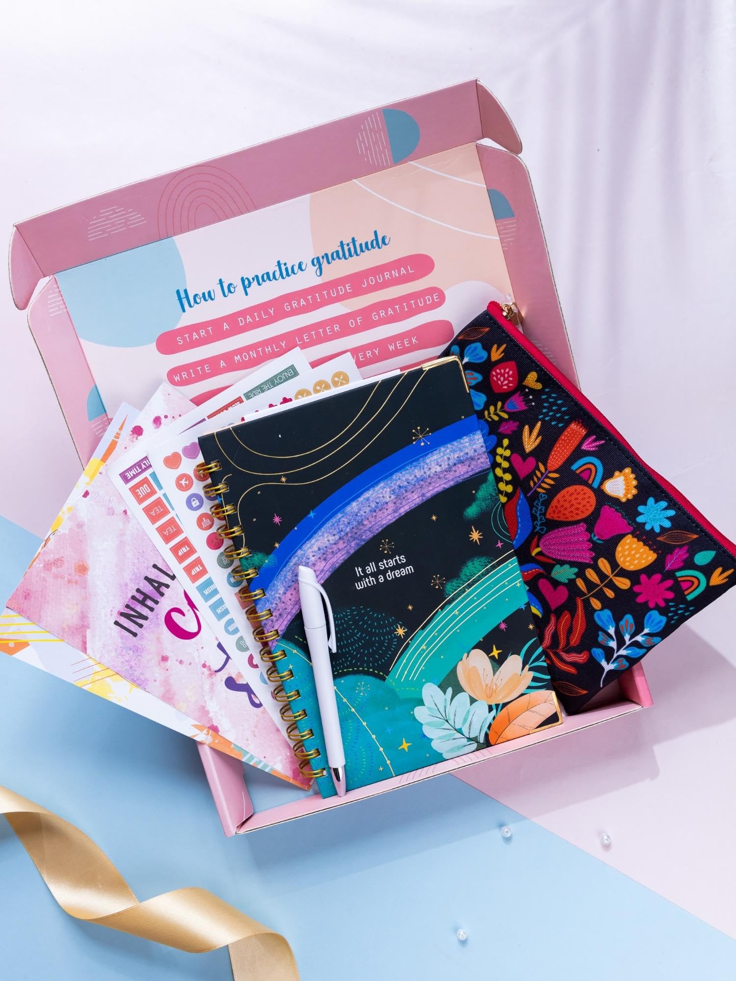 Desk Daily Delight Gift Set | 6-in-1 (13 Components) | A5 Daily Planner + Multifunctional Pouch + 100+ Stickers + Pen + 12 Notecards + 2 Motivational Quote Cards | Perfect Diwali Gift for Colleagues, Students & Loved Ones